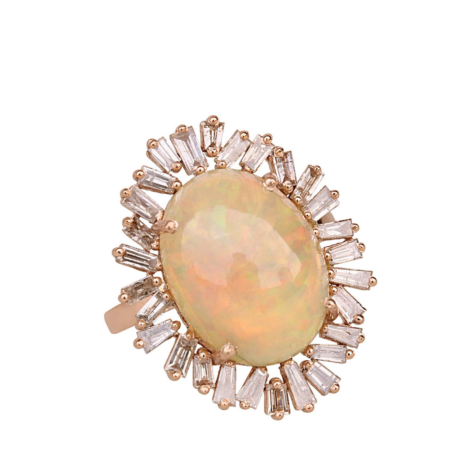 Real baguette diamond opal designer ring, 18k solid rose gold fine jewelry
