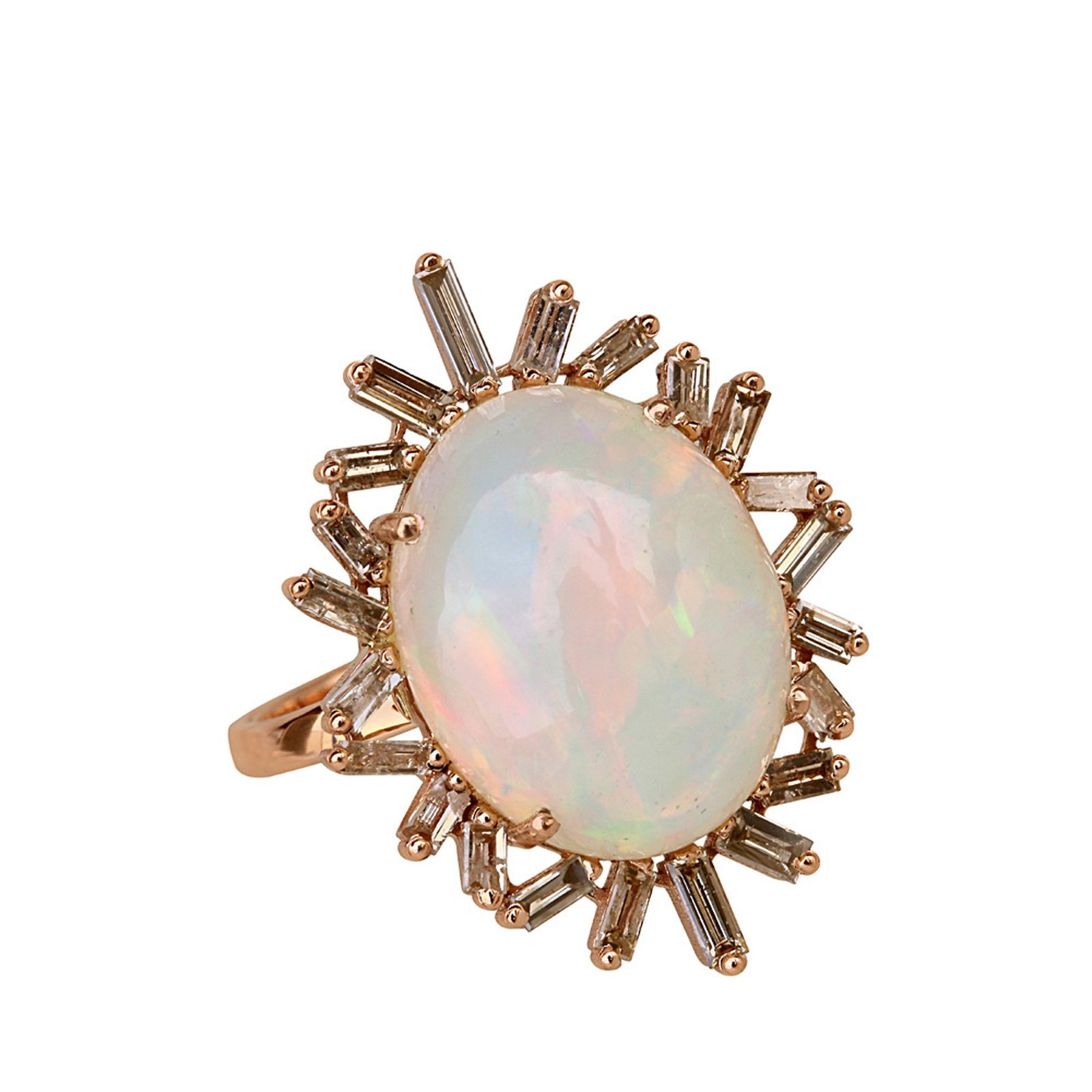 Natural opal baguette diamond floral ring set in 18k solid gold