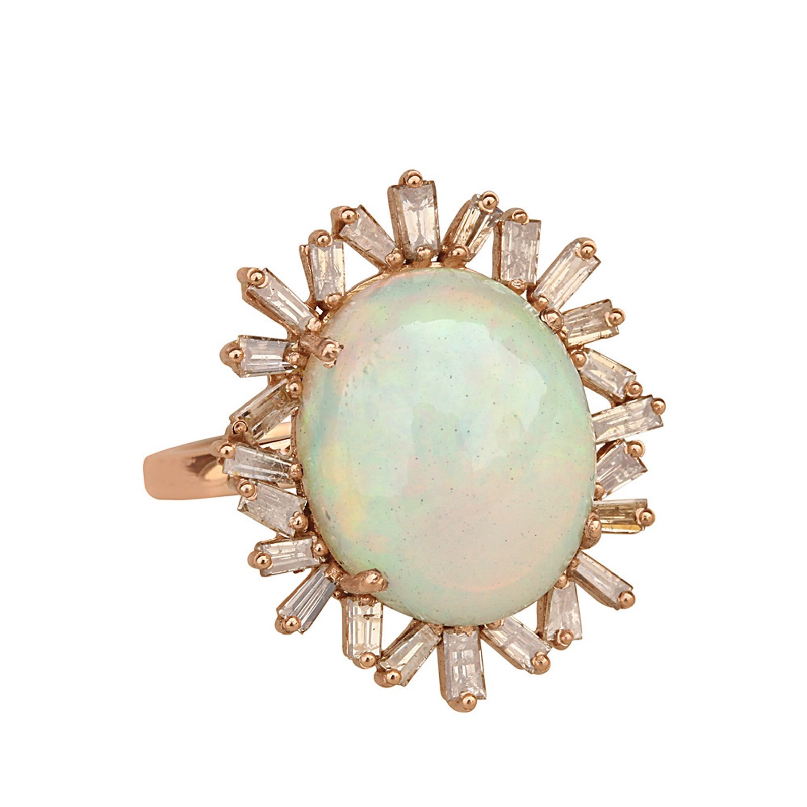 Real opal & baguette diamond 18k solid gold designer ring