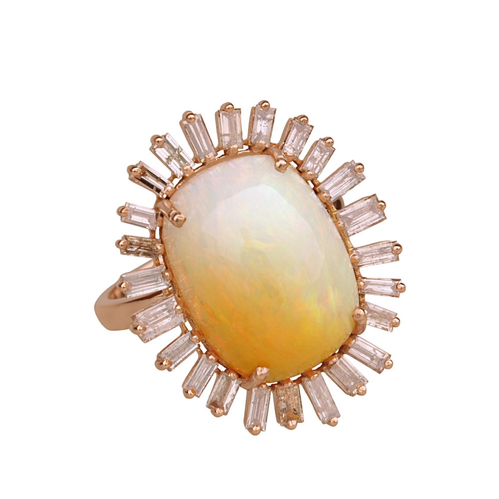 Baguette ring set in 18k solid gold, diamond & opal fine jewelry