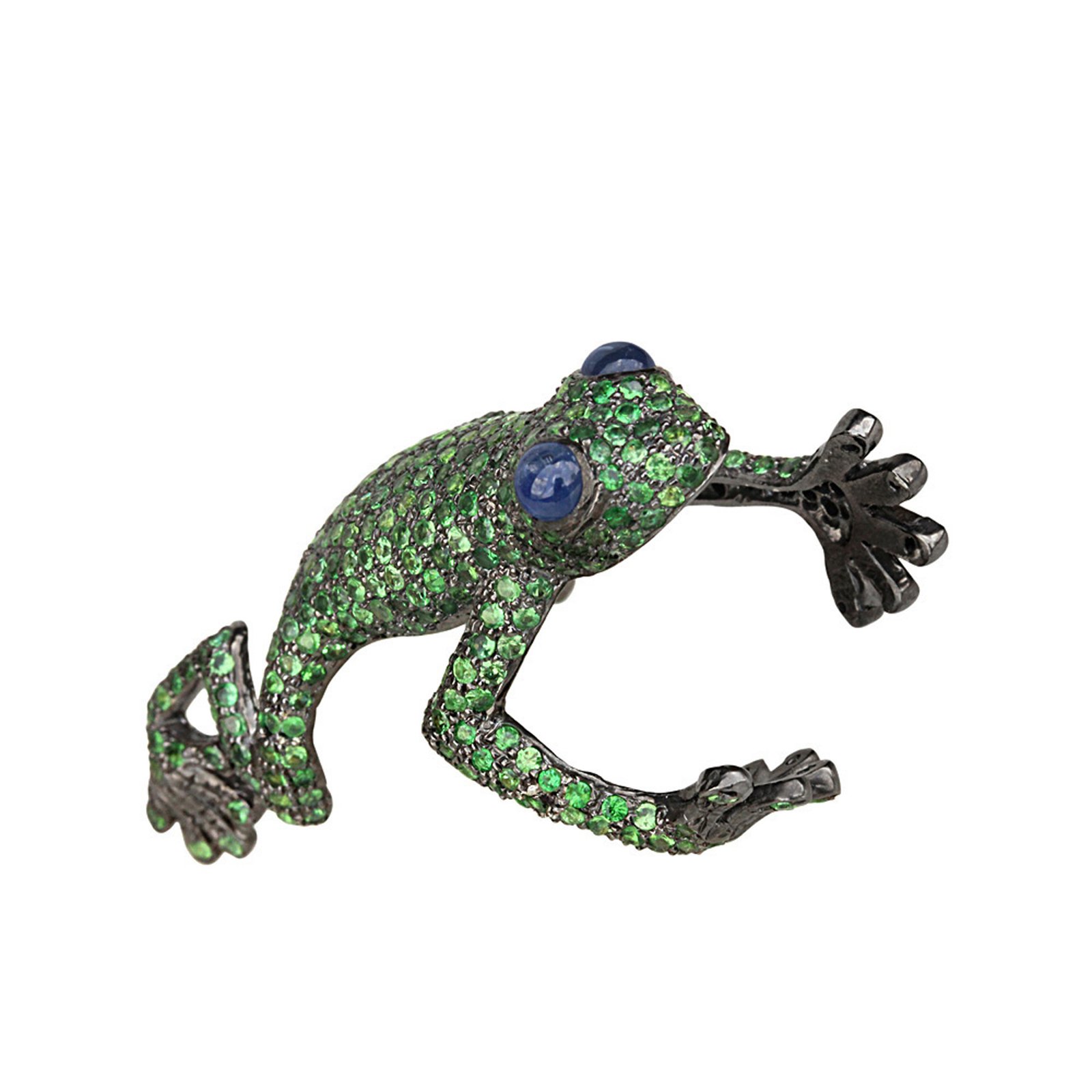 Sapphire & tsavorite frog ring, 925 sterling silver fine jewelry