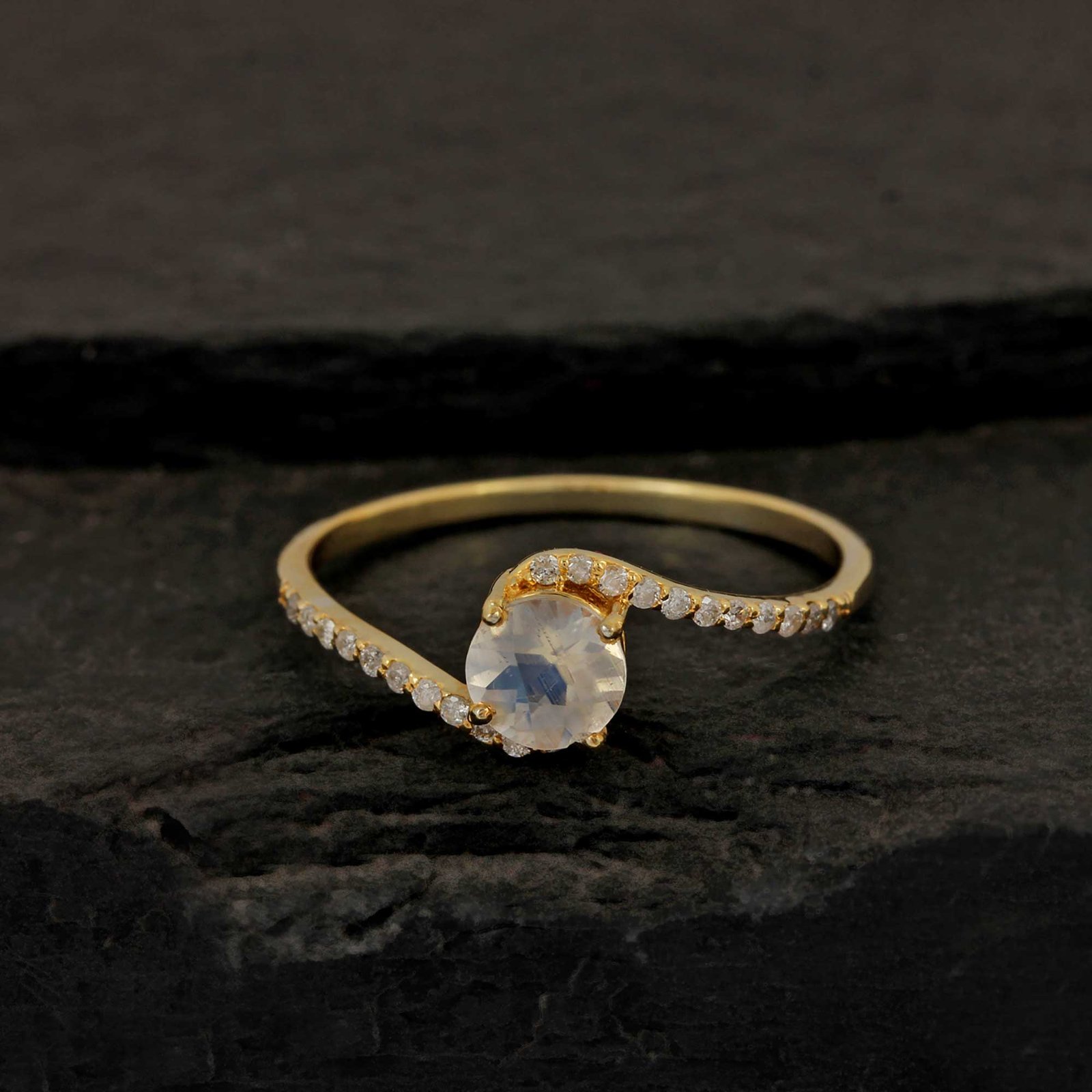 14k Solid Gold Diamond Rainbow Stone Ring