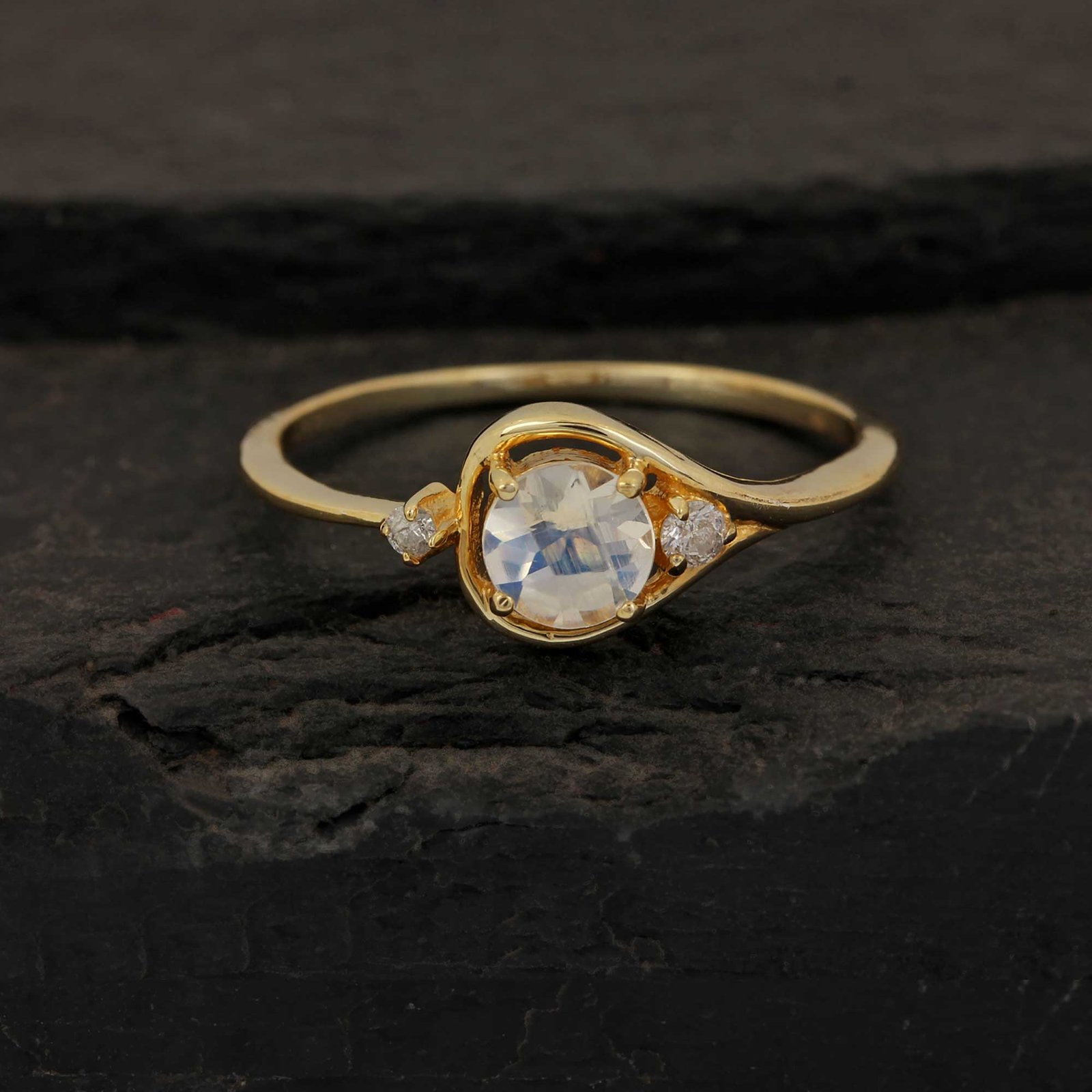 14k Solid Gold Diamond Rainbow Moonstone Ring