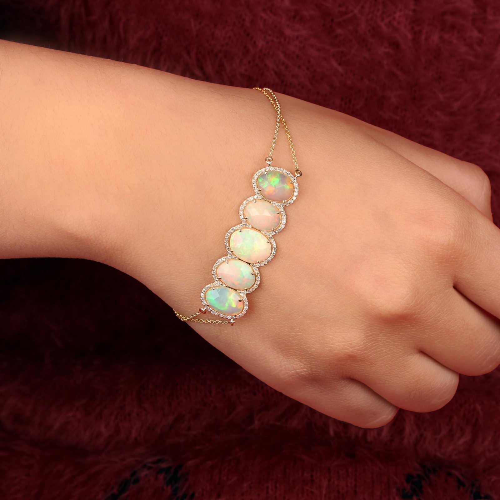 Opal Gemstone Pave Diamond Chain Bracelet Solid 14k Gold Jewelry