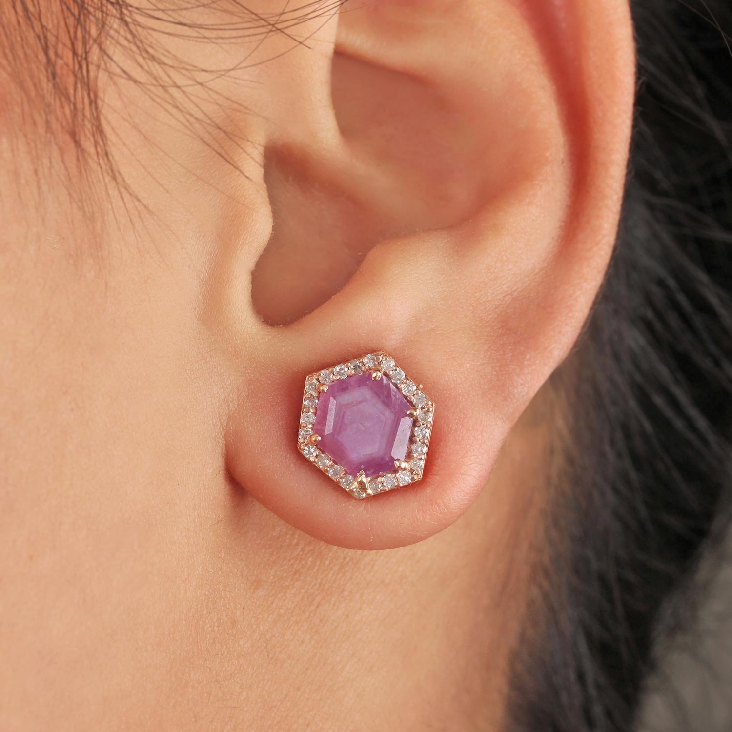 14K Gold Pink Sapphire Stud Earrings Natural Diamond Jewelry
