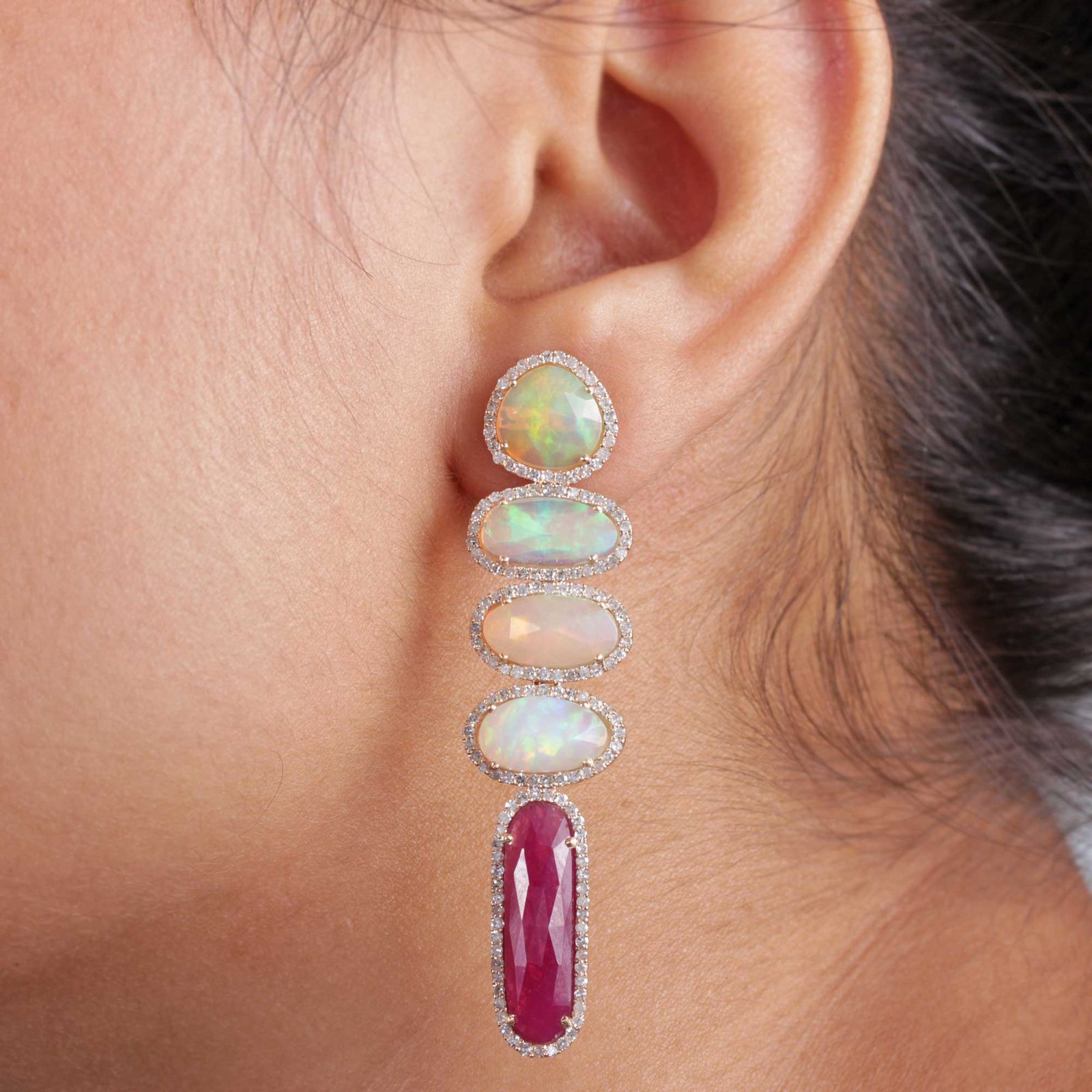 Opal Ruby 14k Solid Gold Dangle Earrings Pave Diamond Fine Jewelry