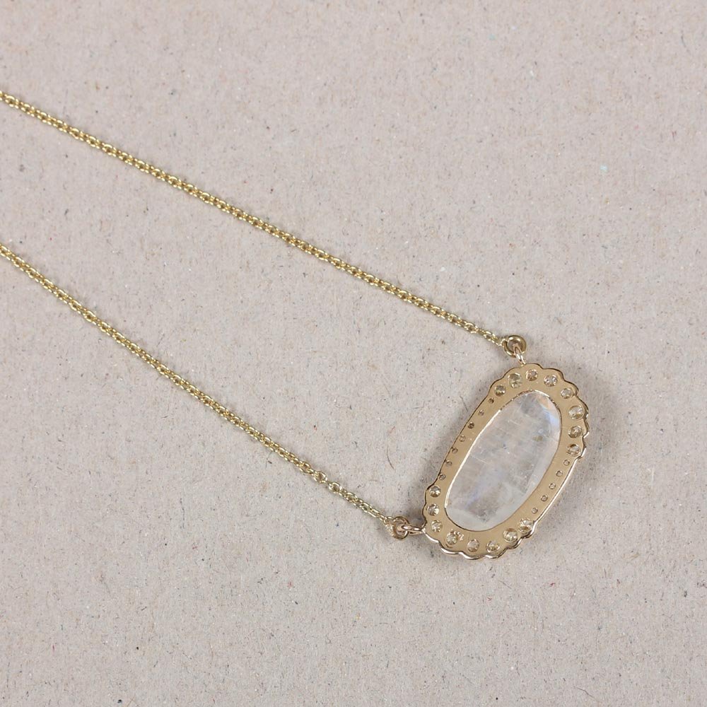 Rainbow Moonstone Pave Diamond Pendant Chain Necklace 14K Solid Gold Jewelry