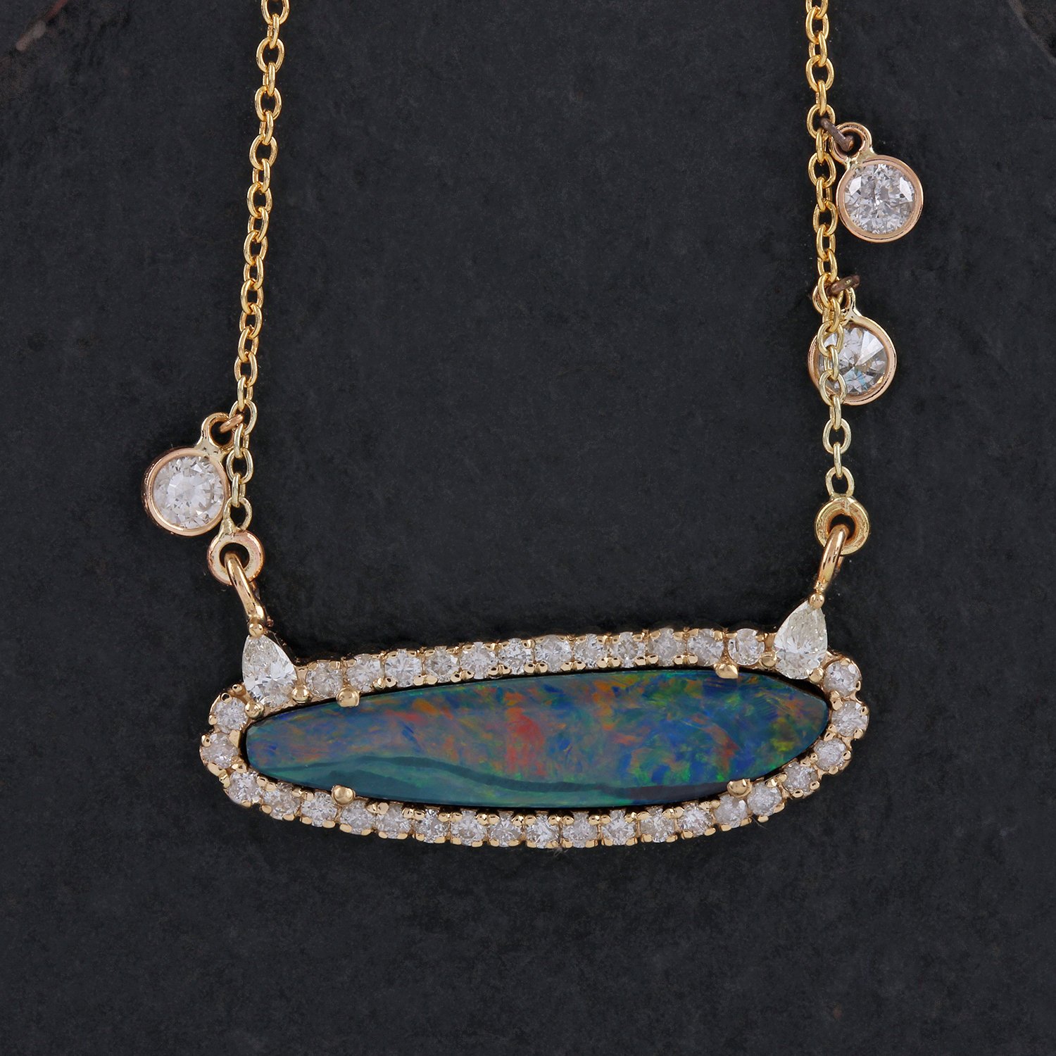 Opal Gemstone 14K Solid Gold Pendant Necklace Pave Diamond Jewelry