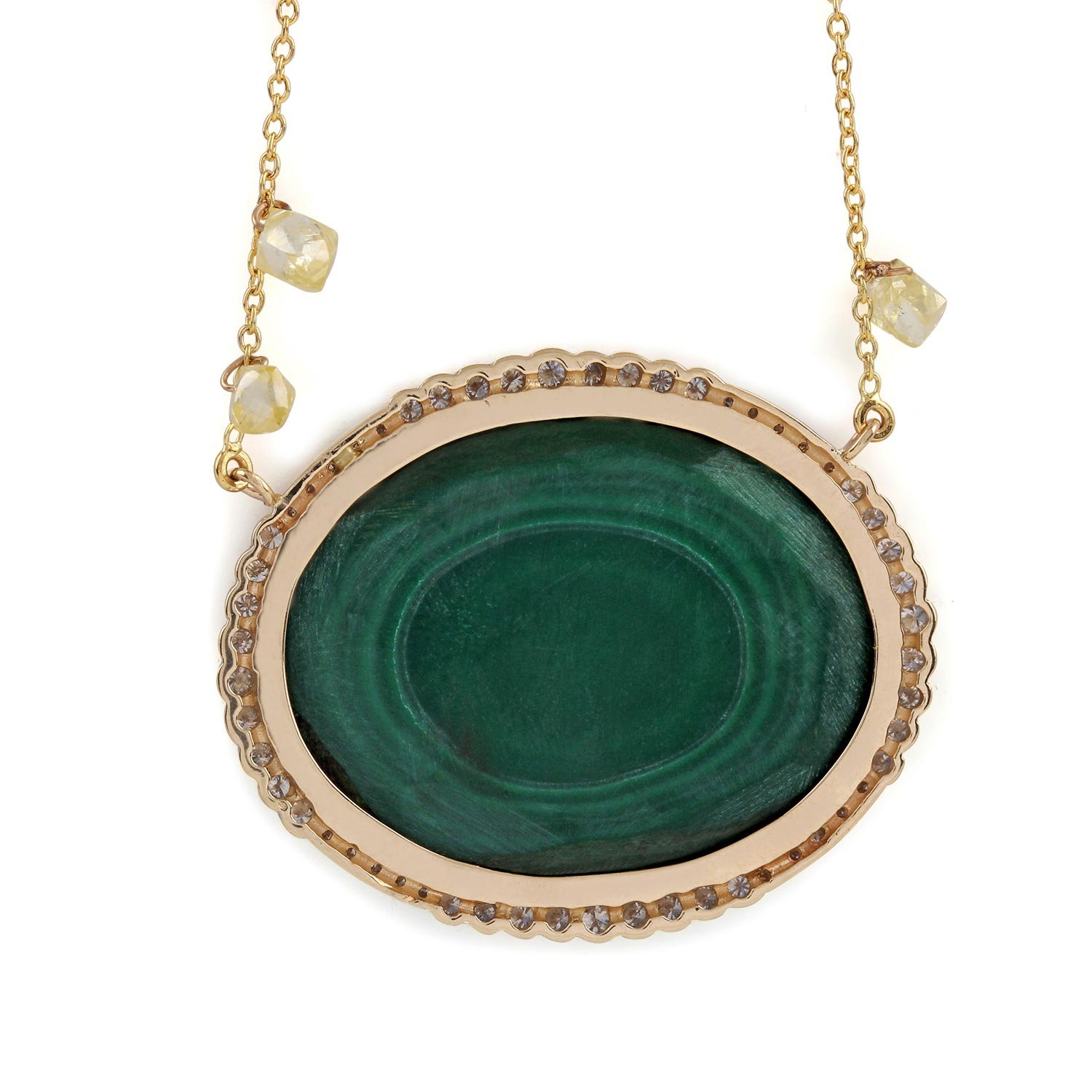 Malachite Gemstone Pendant Chain Necklace 14K Solid Gold Pave Diamond Jewelry