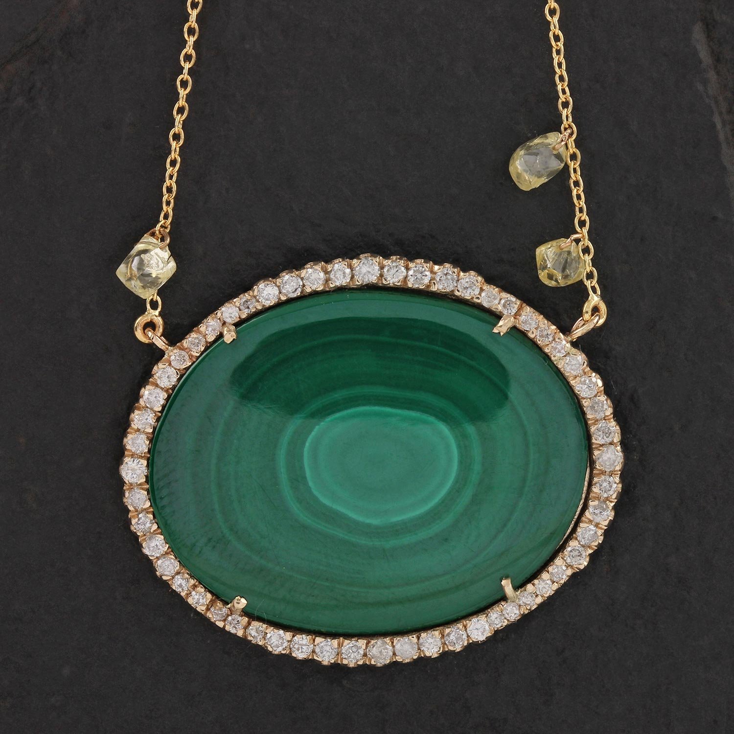 Malachite Gemstone Pendant Chain Necklace 14K Solid Gold Pave Diamond Jewelry