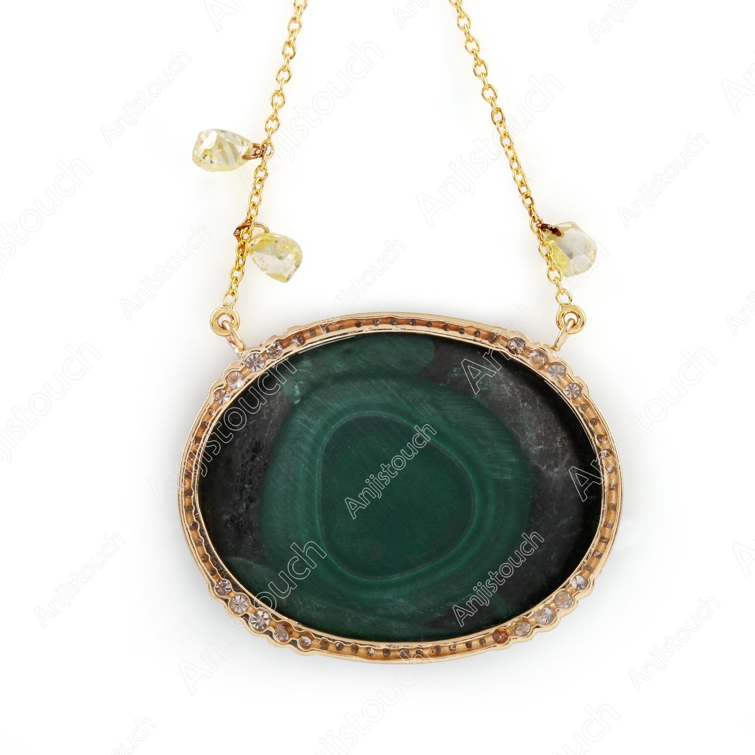 Malachite Pave Diamond Pendant Chain Necklace 14K Solid Gold Jewelry