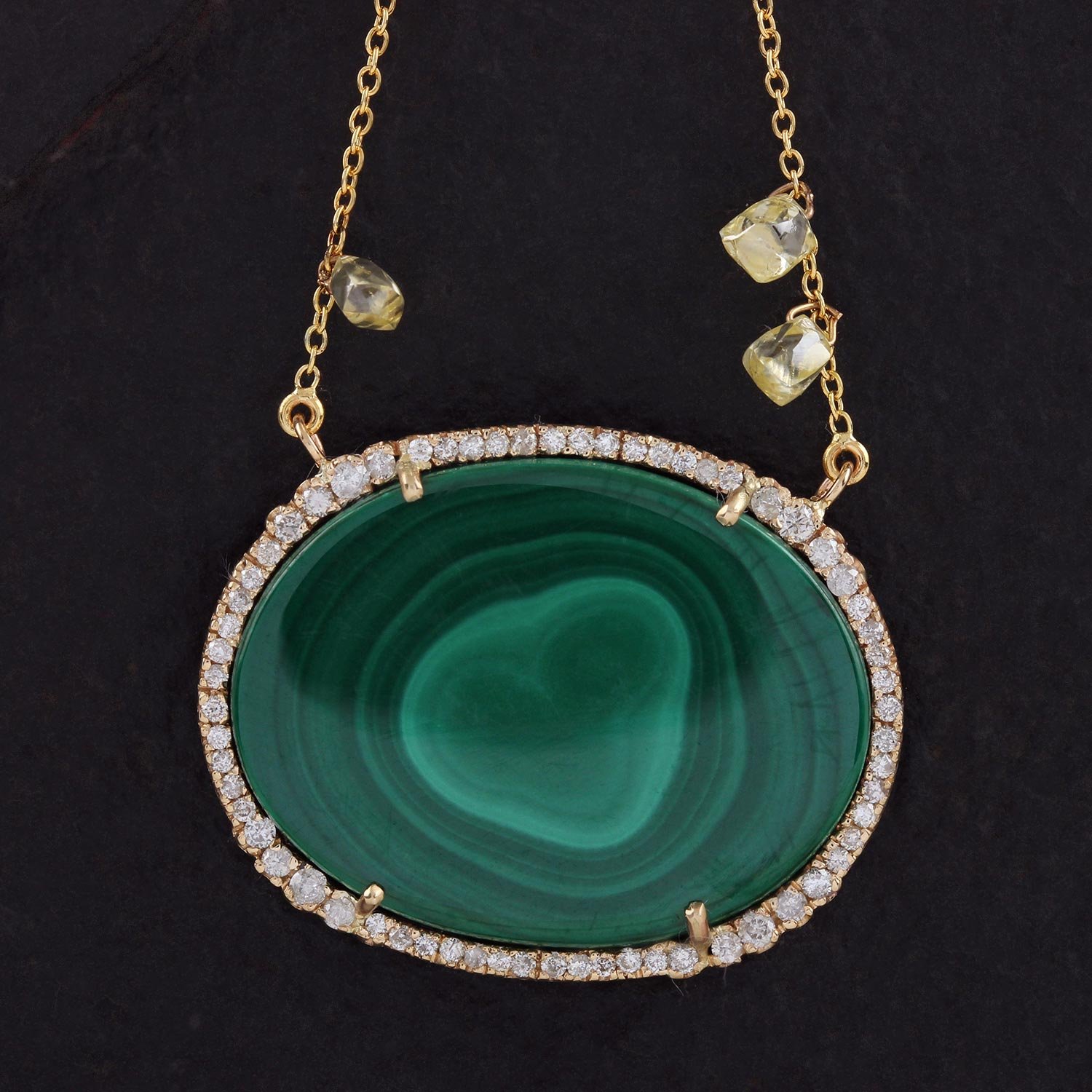Malachite Pave Diamond Pendant Chain Necklace 14K Solid Gold Jewelry