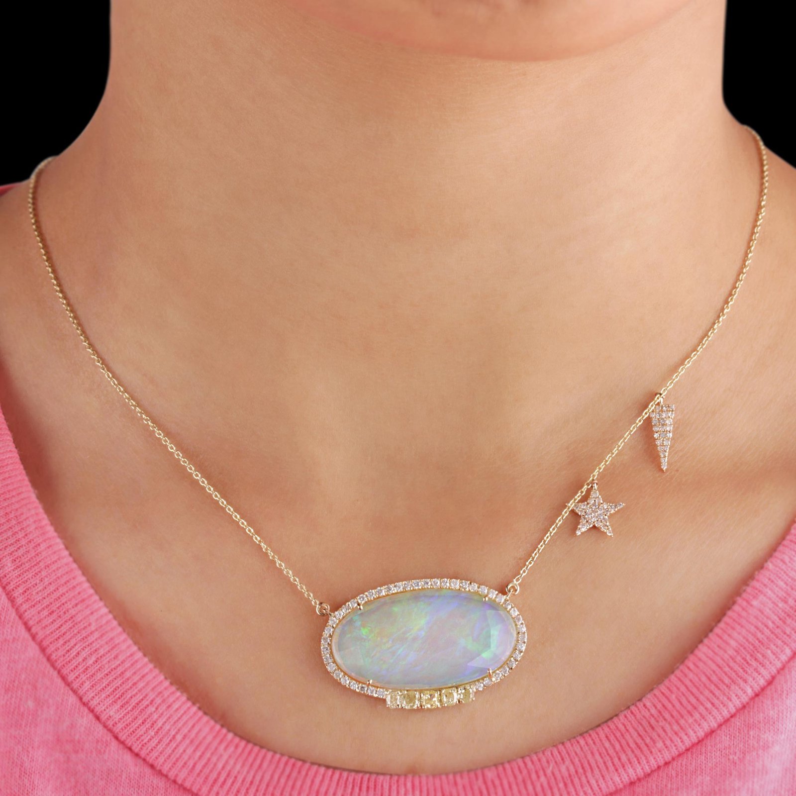 Natural Pave Diamond Opal Gemstone Pendant Necklace 14K Solid Gold Fine Jewelry