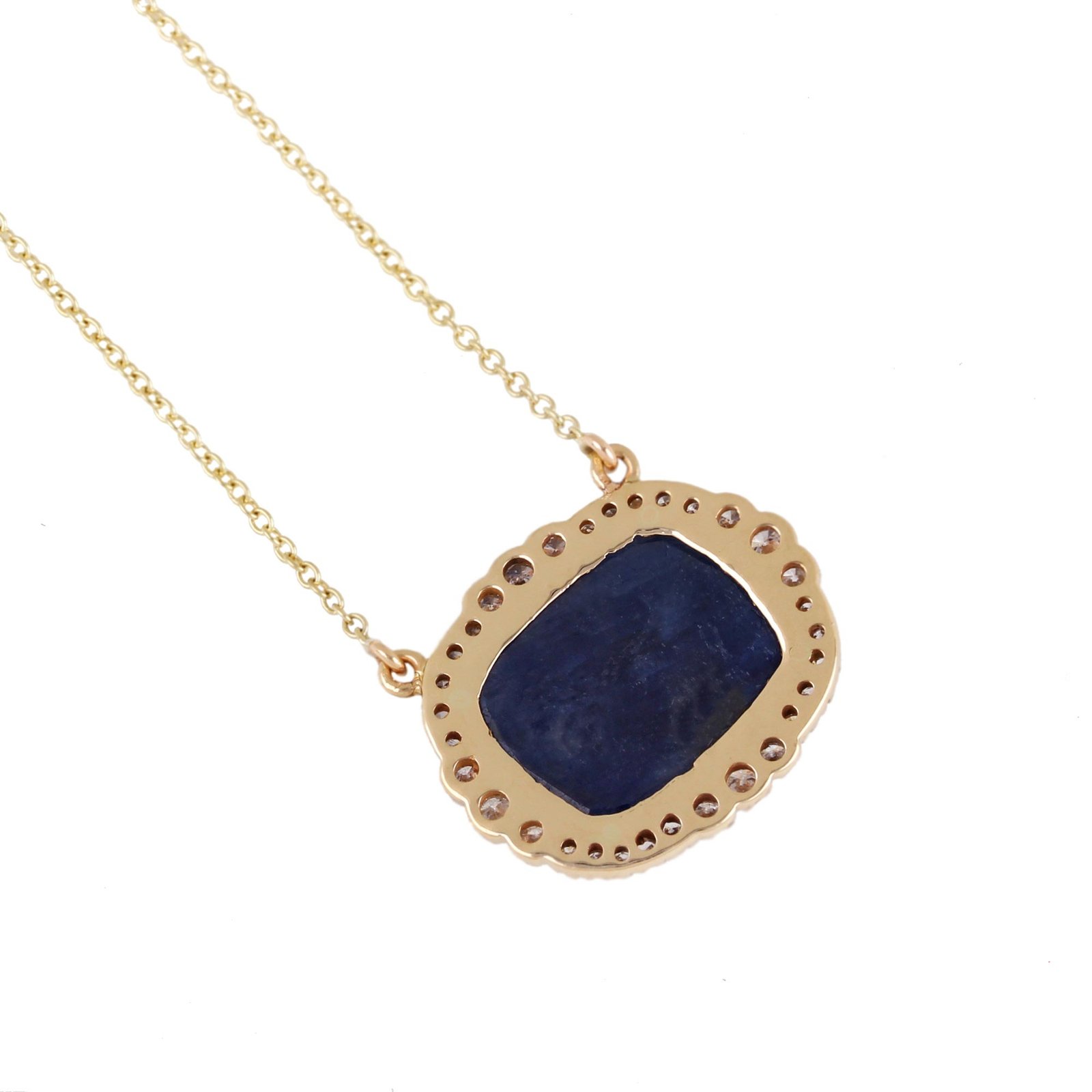 Blue Sapphire Pave Diamond Pendant Chain Necklace 14K Solid Gold Jewelry