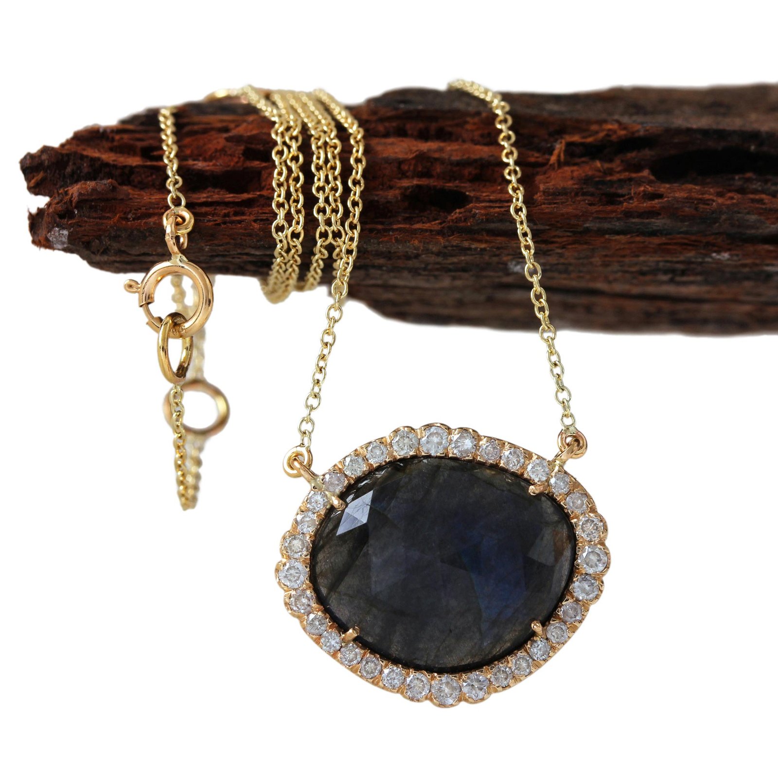 Labradorite Pave Diamond Pendant Chain Necklace 14K Solid Gold Jewelry