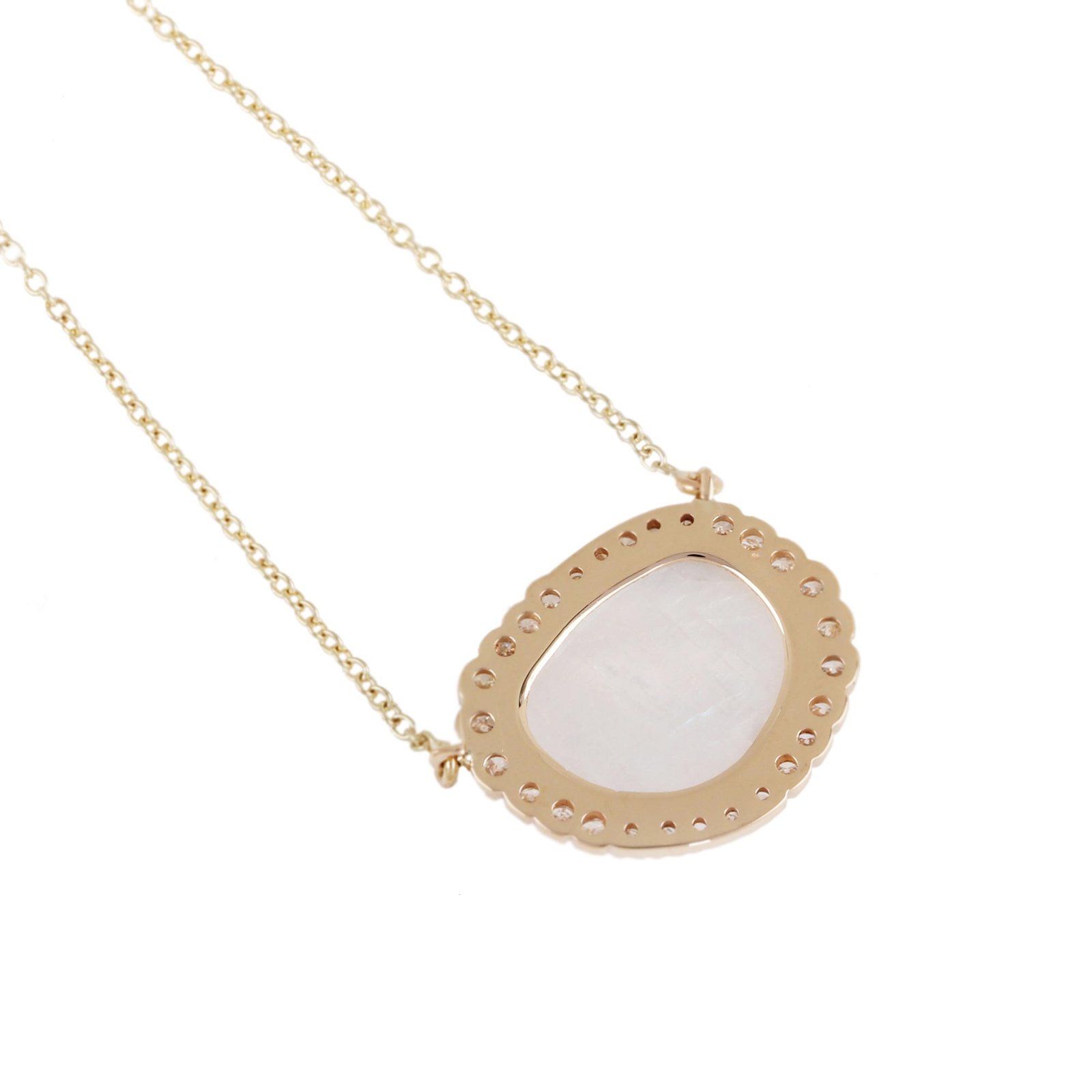 Rainbow Moonstone Pave Diamond Pendant Chain Necklace 14K Solid Gold Jewelry