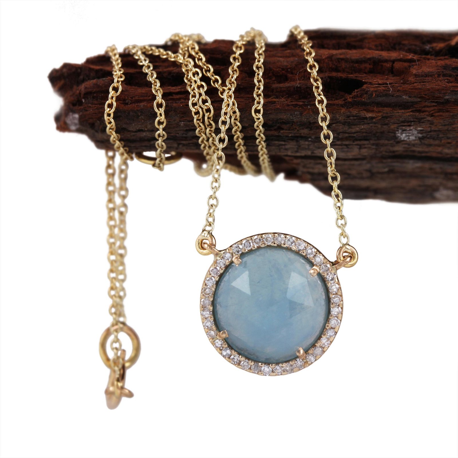 Aquamarine Pave Diamond Pendant Chain Necklace 14K Solid Gold Jewelry