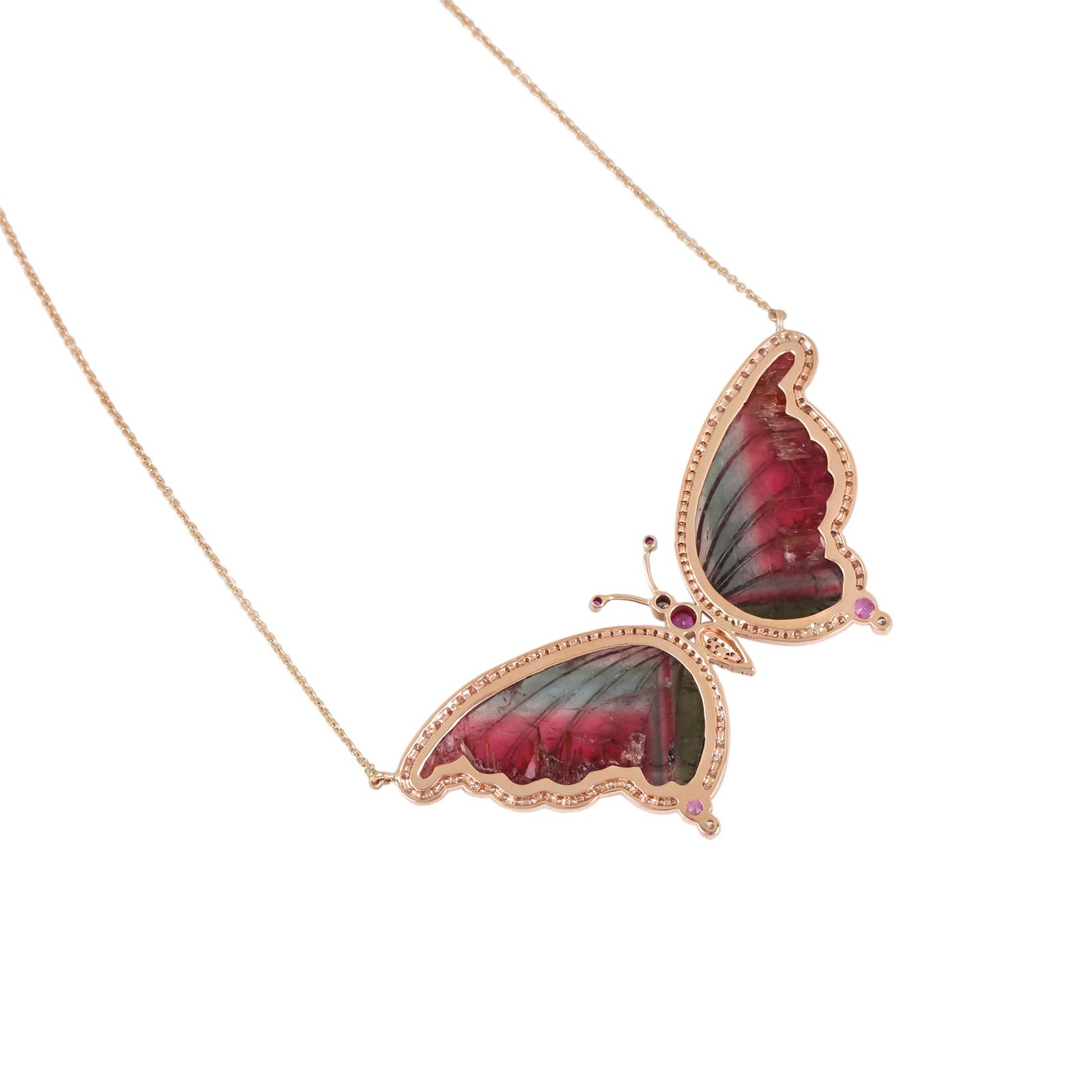 Pink Sapphire Pave Diamond Butterfly Pendant Chain Necklace 14K Solid Gold Jewelry
