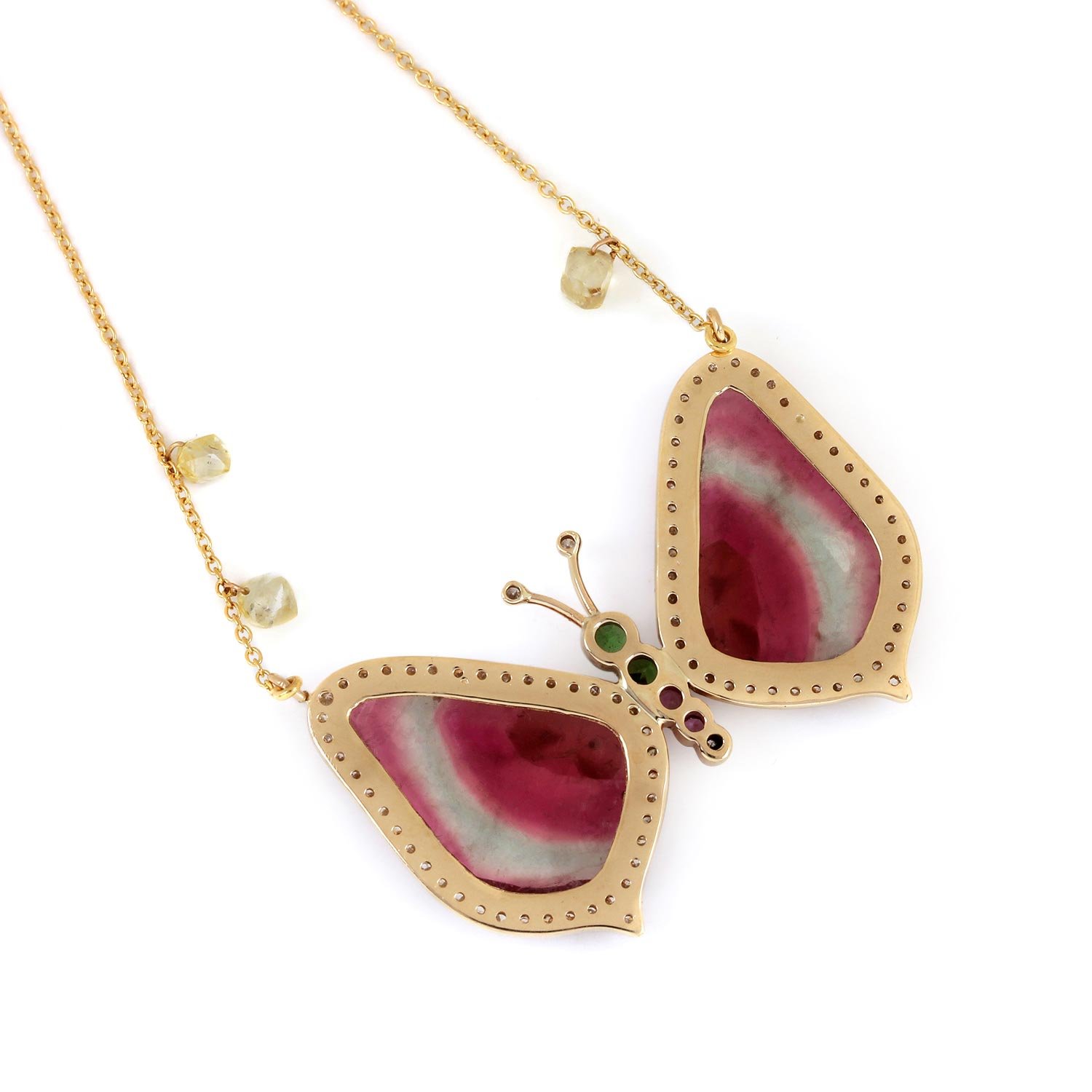 Tourmaline Sapphire Tsavorite Pave Diamond Butterfly Pendant Chain Necklace 14K Solid Gold Jewelry