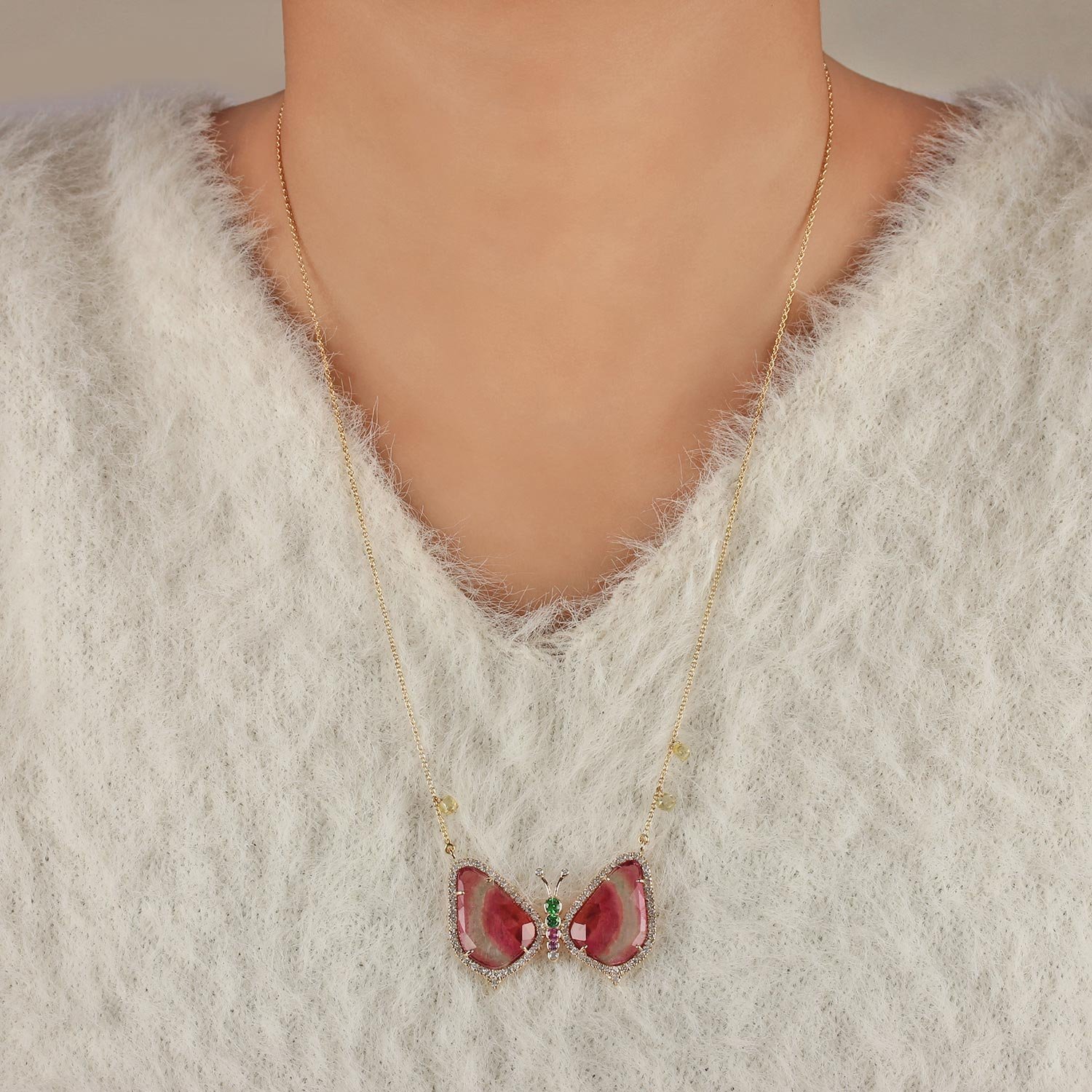 Tourmaline Sapphire Tsavorite Pave Diamond Butterfly Pendant Chain Necklace 14K Solid Gold Jewelry