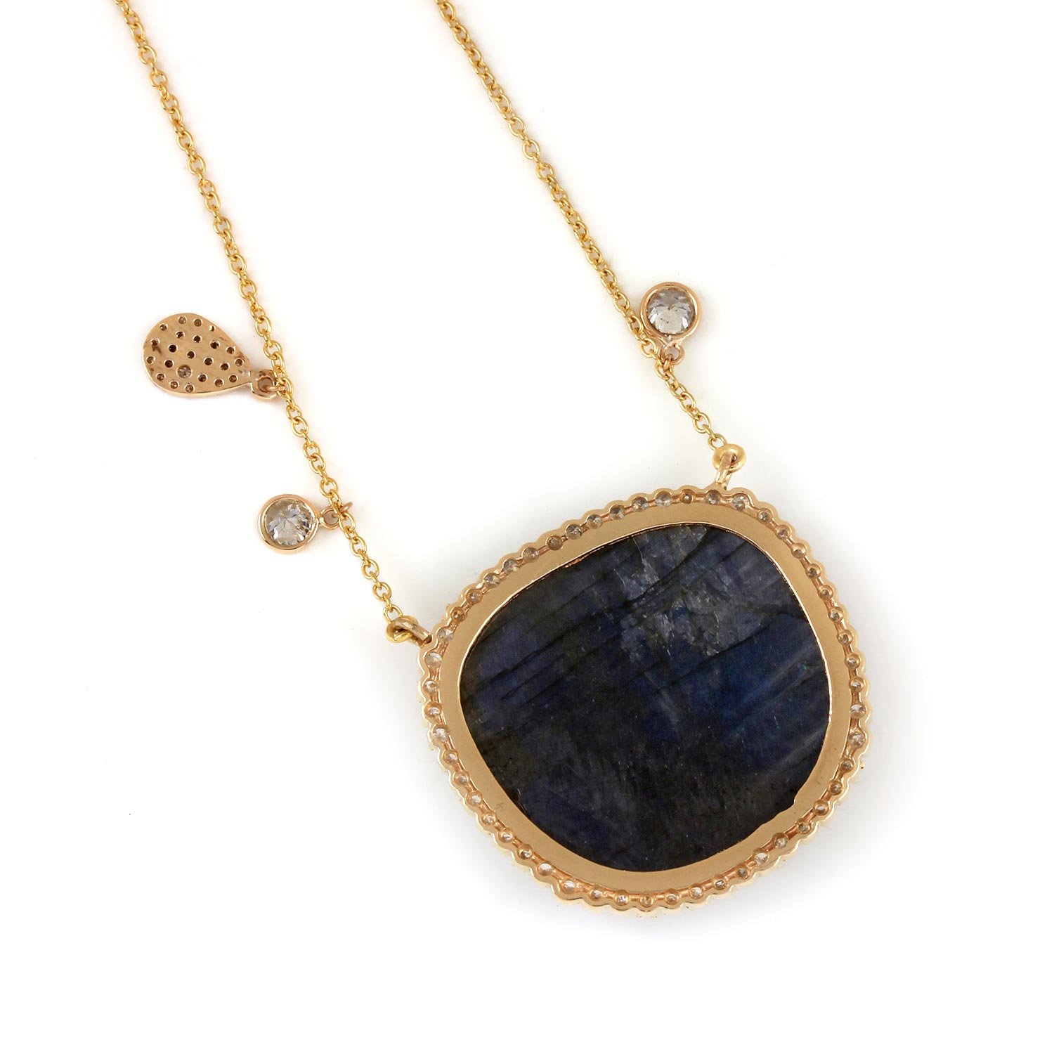 Labradorite Pave Diamond Pendant Chain Necklace 14K Solid Gold Fine Jewelry