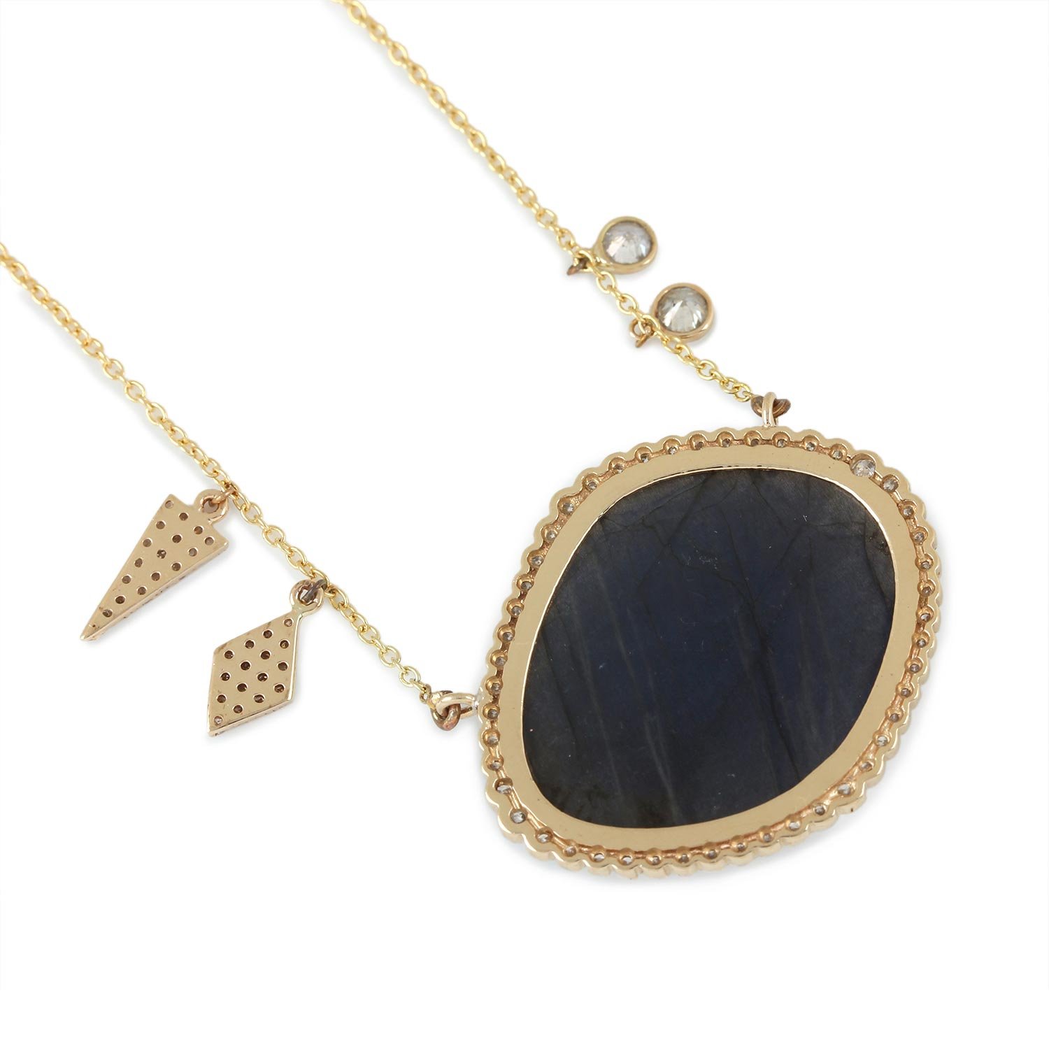 14K Solid Gold Labradorite Pave Diamond Pendant Chain Necklace Fine Jewelry
