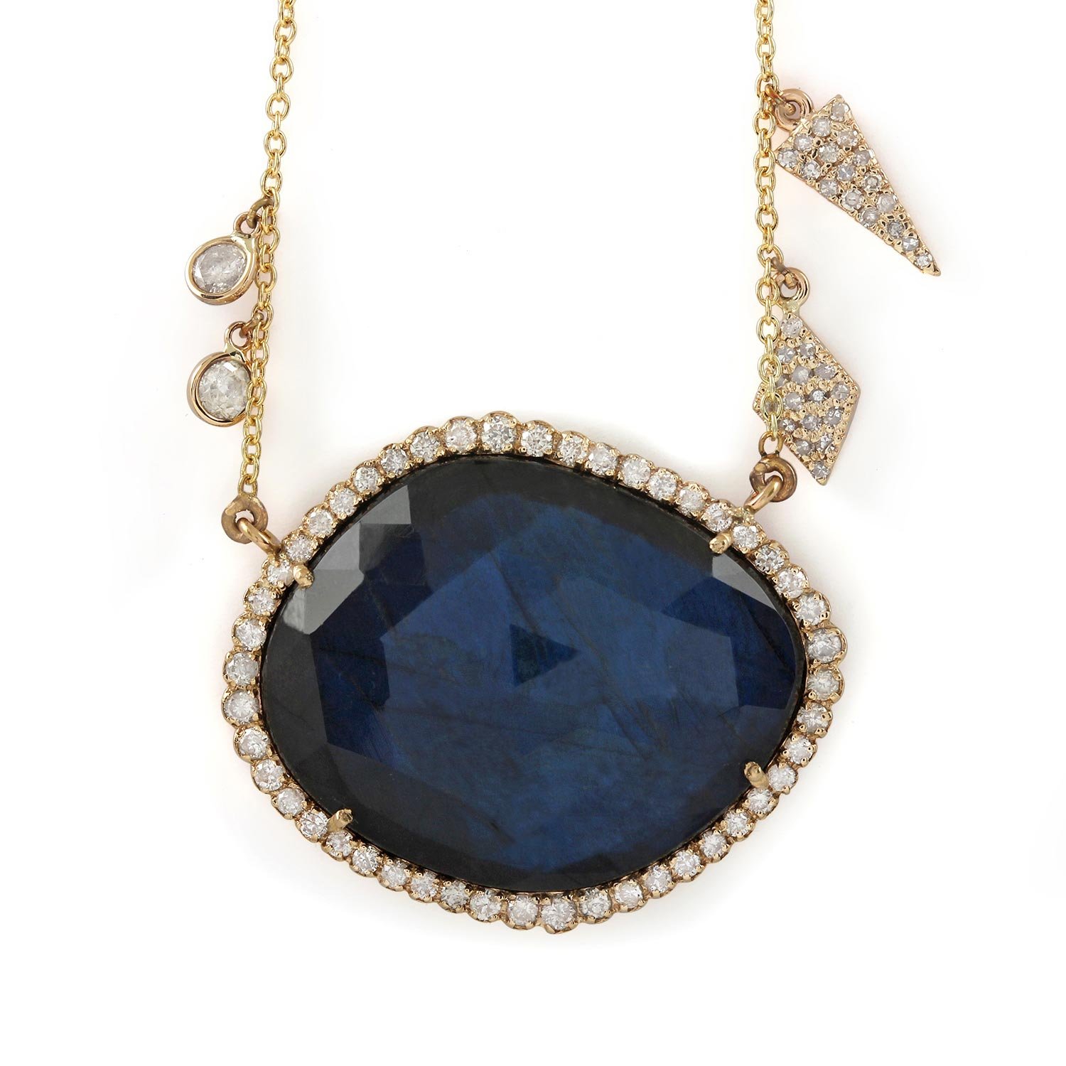 14K Solid Gold Labradorite Pave Diamond Pendant Chain Necklace Fine Jewelry