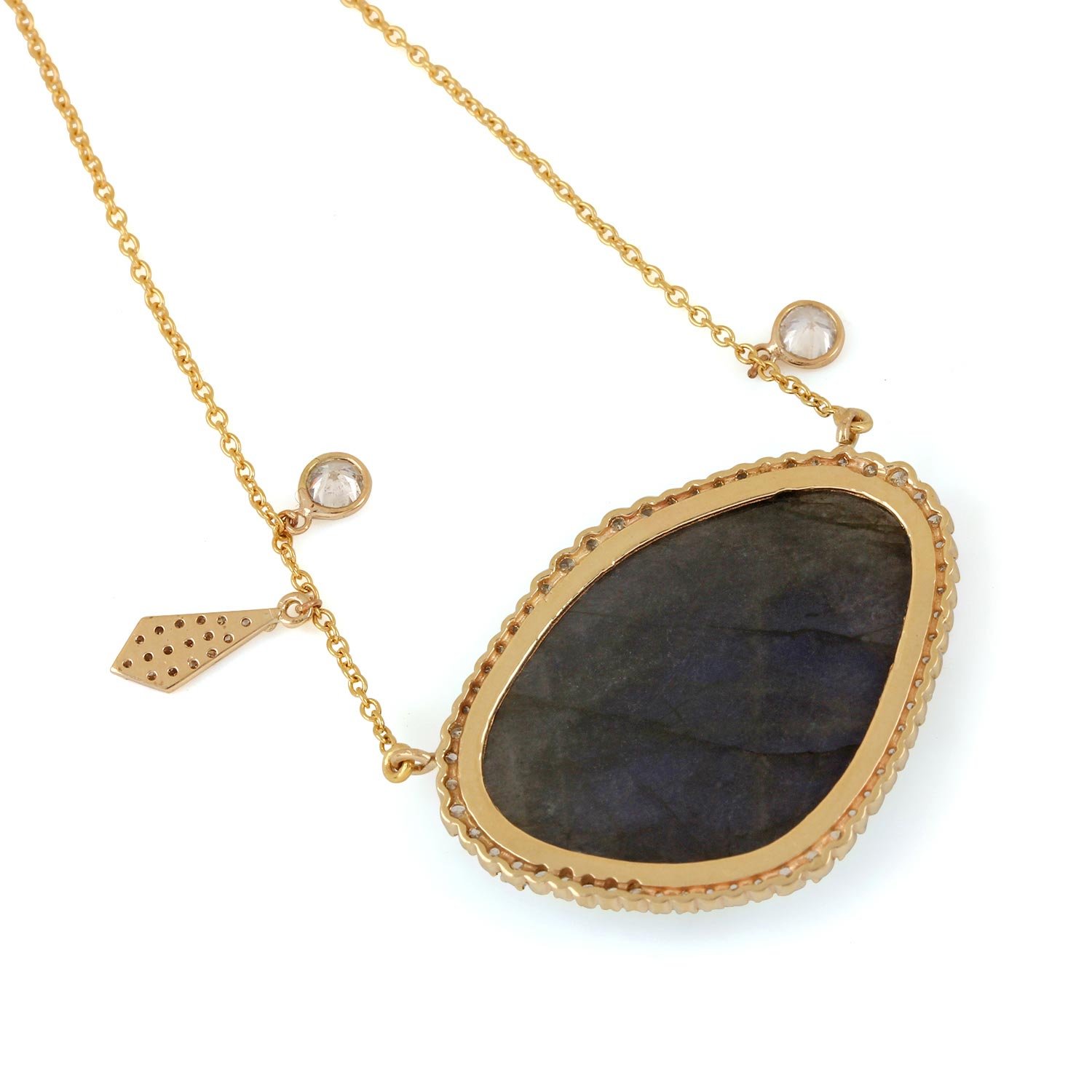 14K Solid Gold Labradorite Pave Diamond Pendant Chain Necklace Jewelry