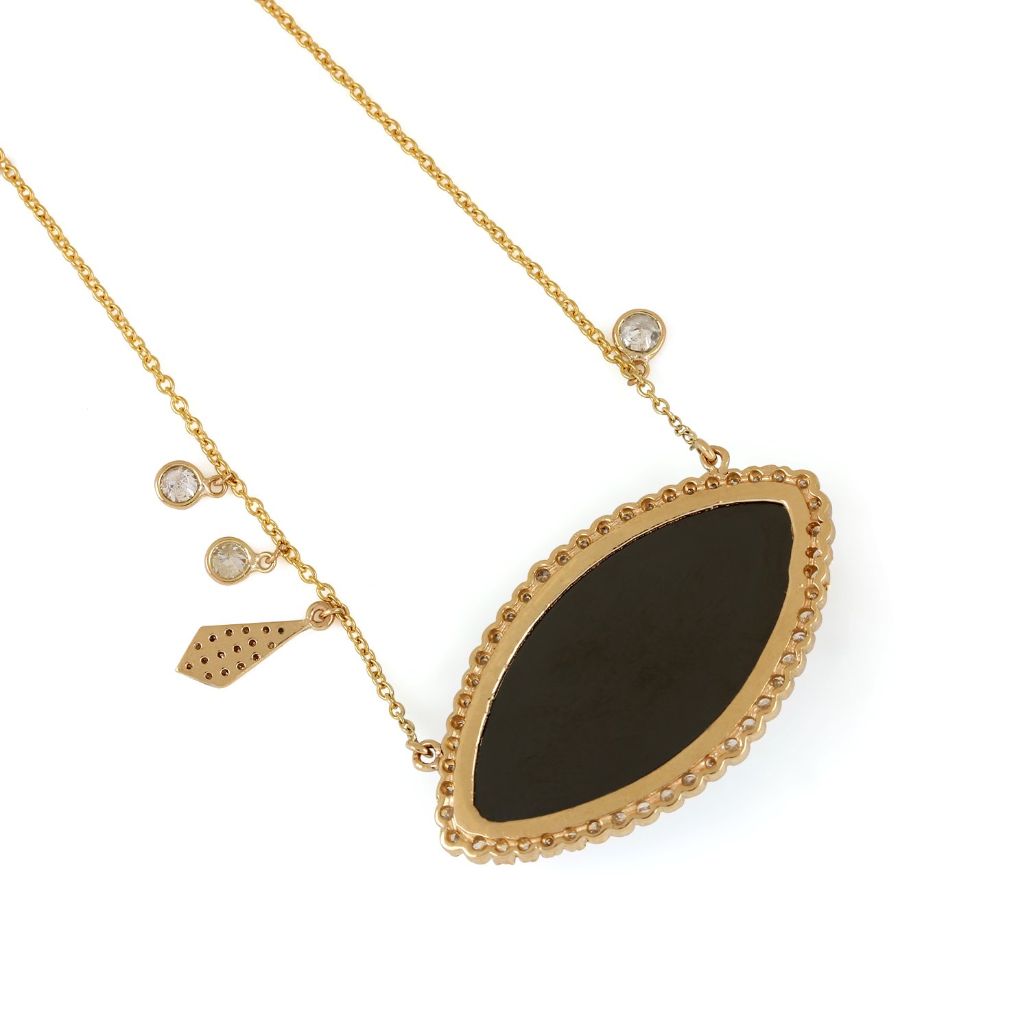 14K Solid Gold Pave Diamond Pendant Chain Necklace Balck Spinel Jewelry
