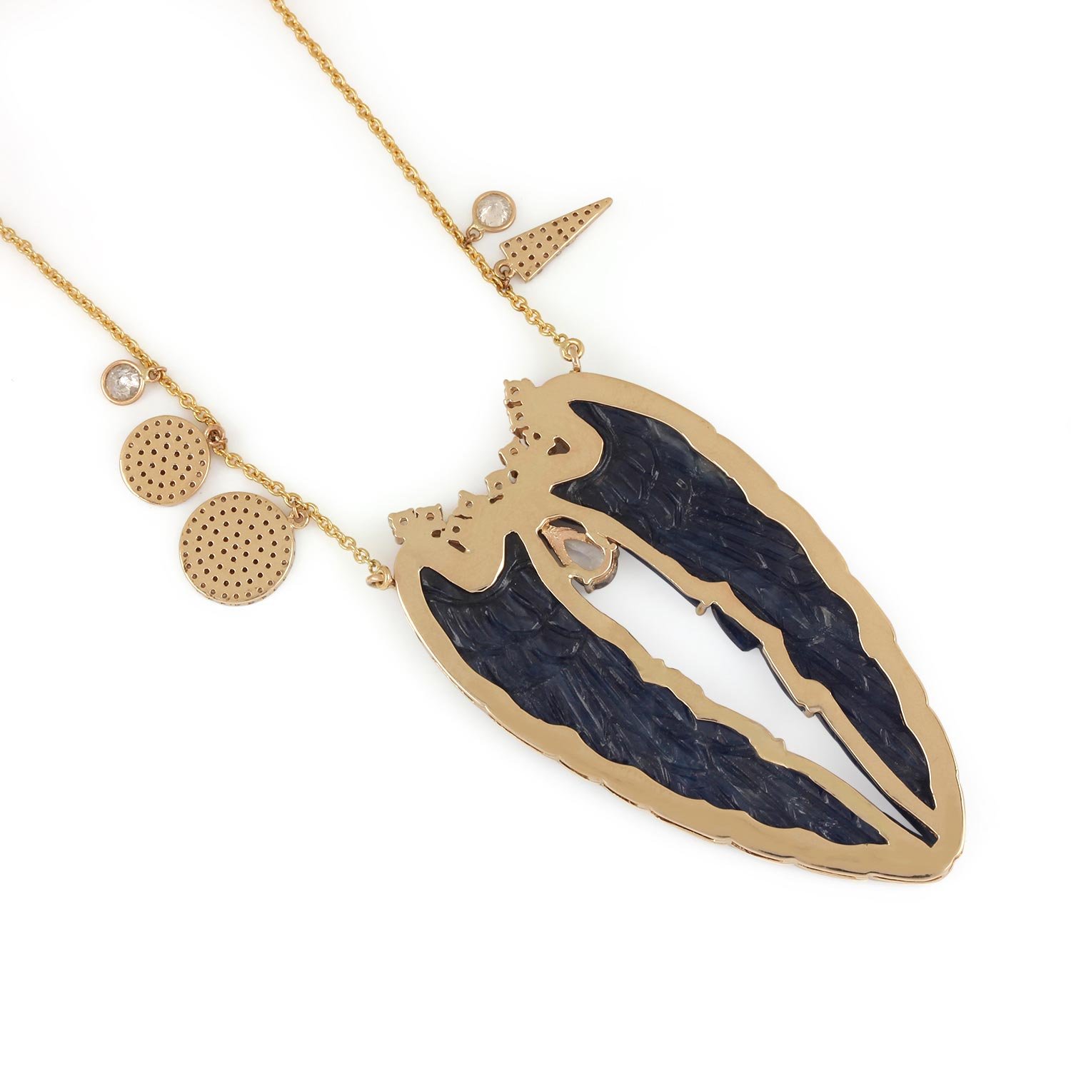 Blue Sapphire Pave Diamond Angel Wings Pendant Necklace Moonstone 14K Solid Gold Jewelry