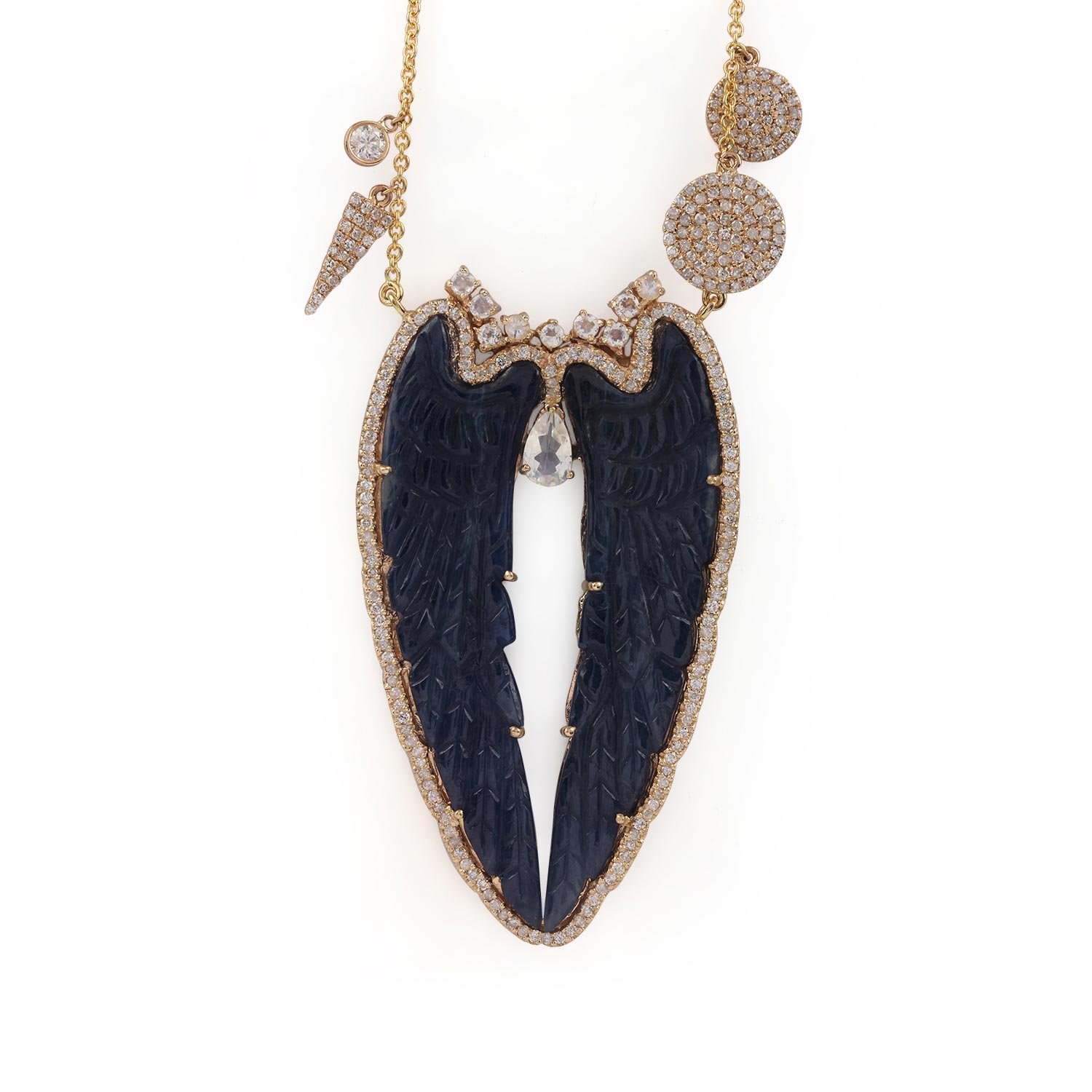 Blue Sapphire Pave Diamond Angel Wings Pendant Necklace Moonstone 14K Solid Gold Jewelry