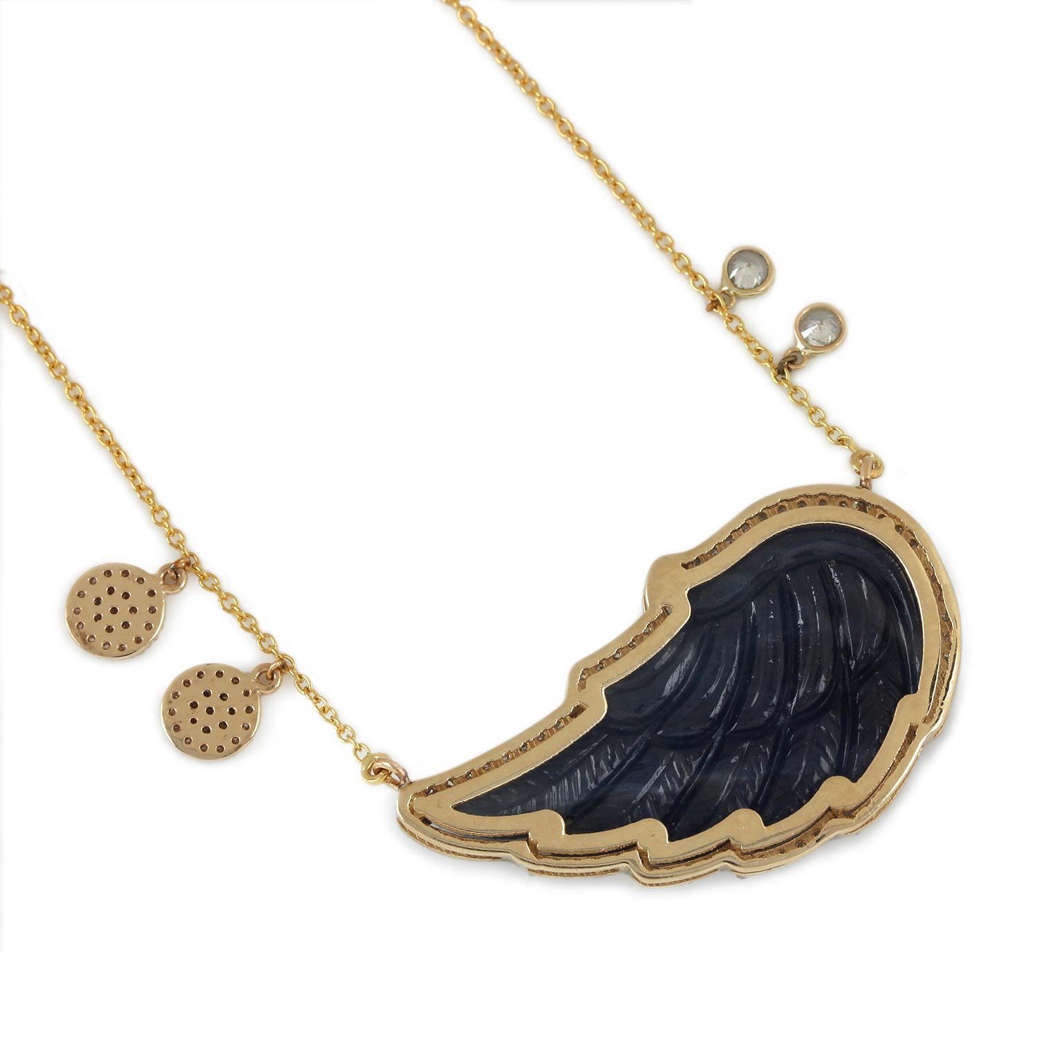 Blue Sapphire Pave Diamond Angel Wing Pendant Necklace 14K Solid Gold Jewelry