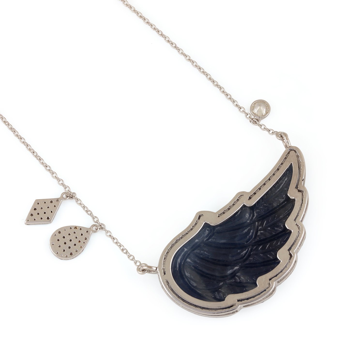 Blue Sapphire Natural Pave Diamond Angel Wing Pendant Necklace 14K Solid Gold Jewelry