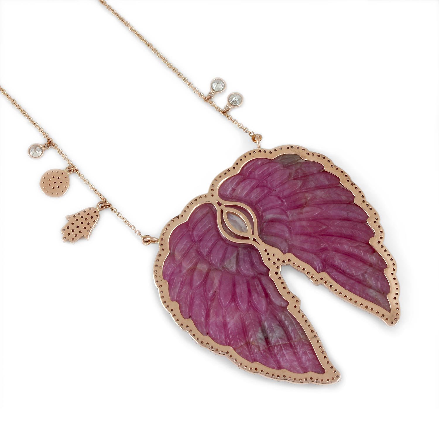 Carved Sapphire Natural Pave Diamond Angel Wings Pendant Necklace Moonstone 14K Solid Gold Jewelry