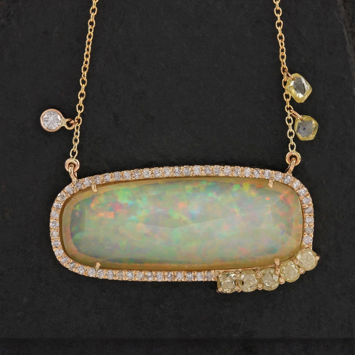 Opal Gemstone Pave Diamond Pendant Chain Necklace 14K Solid Gold Jewelry