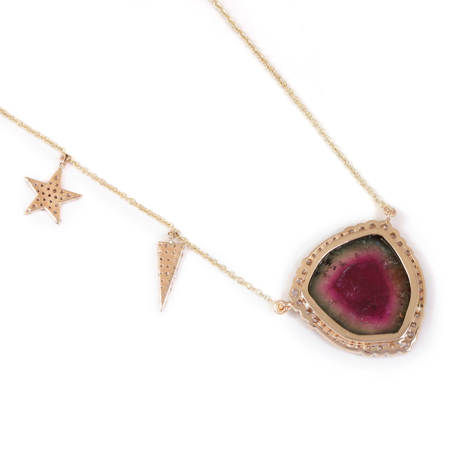 Pink Tourmaline Gemstone 14K Solid Gold Pendant Necklace Pave Diamond Jewelry