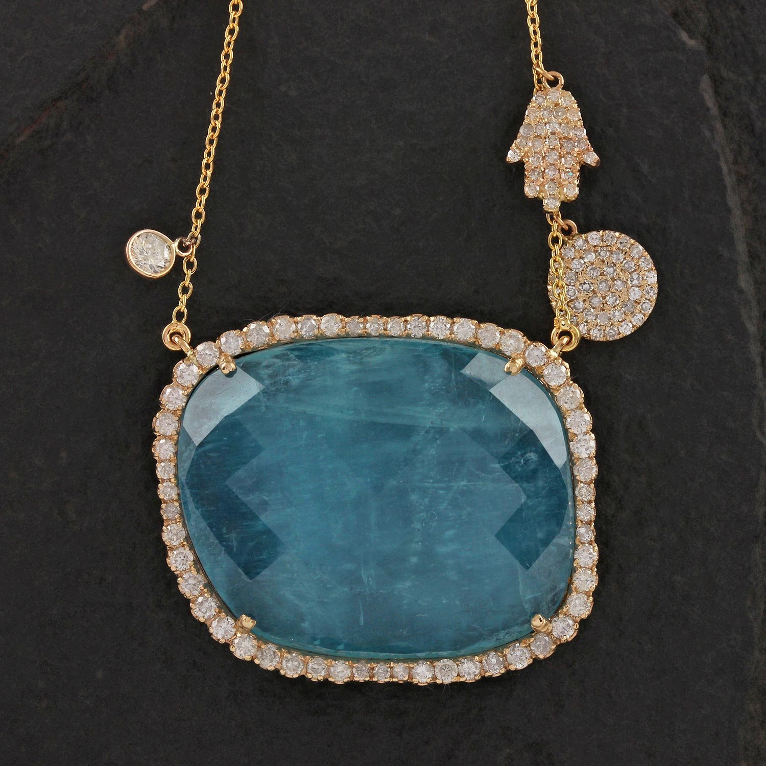 Aquamarine Pave Diamond Pendant Chain Necklace 14K Solid Gold Fine Jewelry