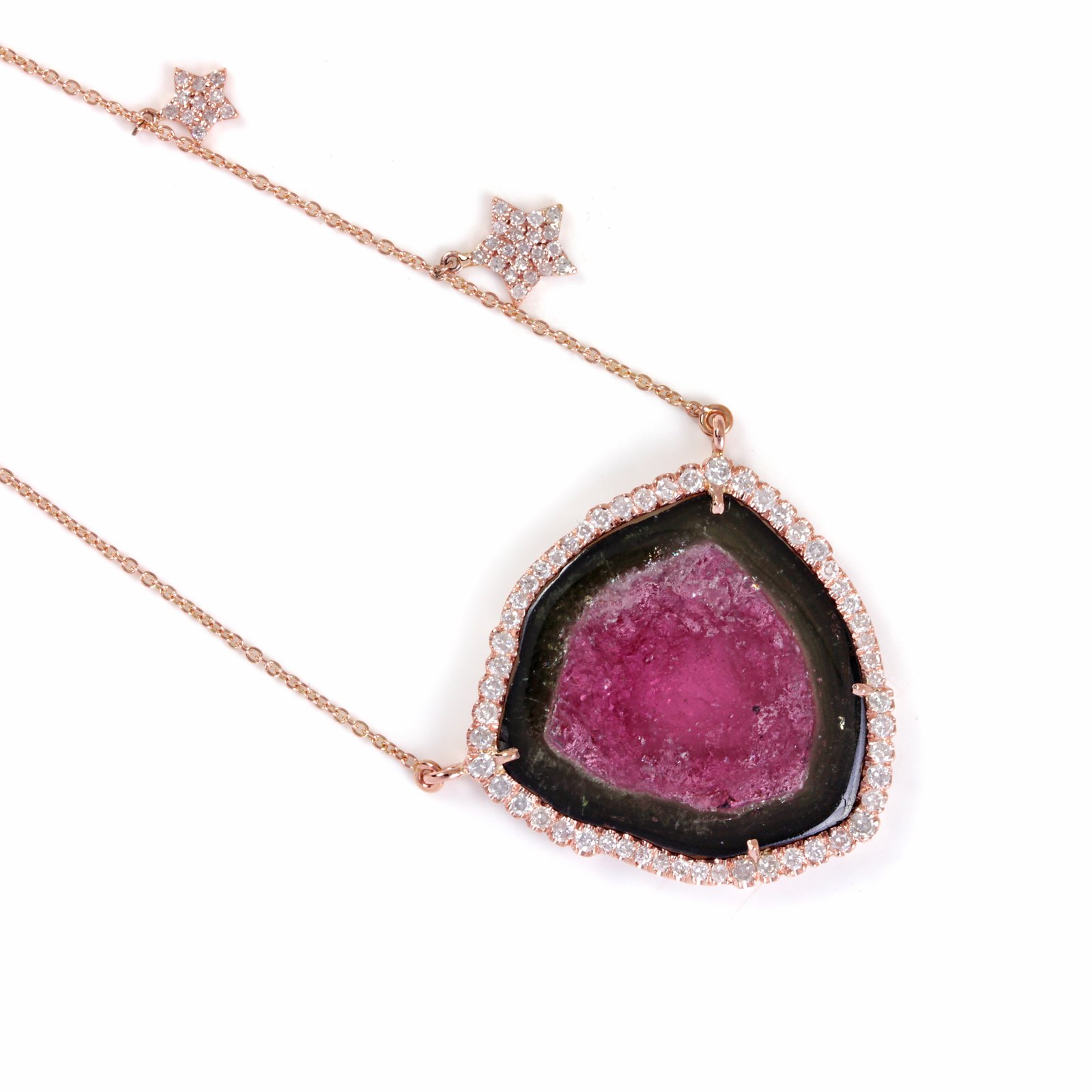 Pink Tourmaline Gemstone 14K Solid Gold Pendant Necklace Pave Diamond Jewelry