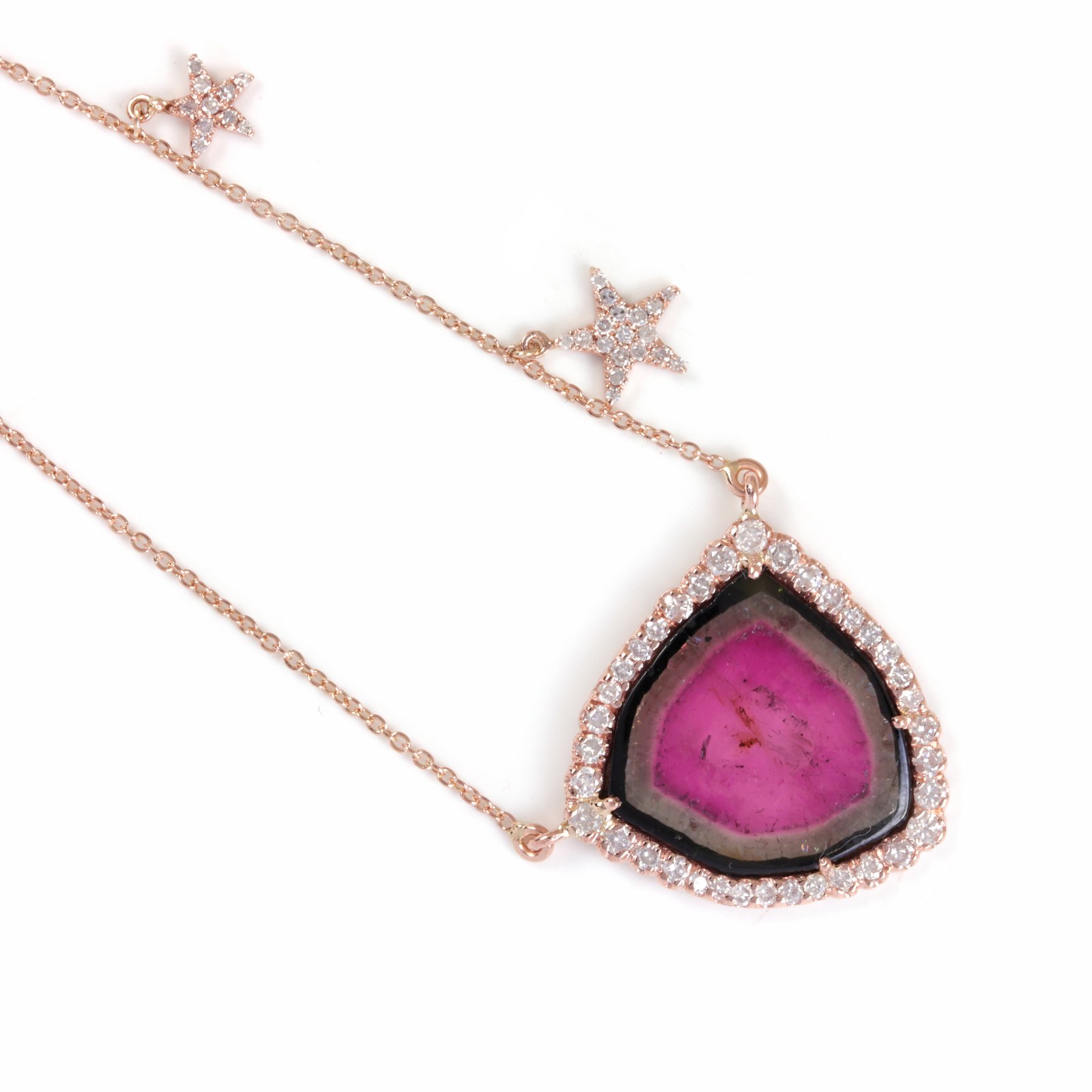 Pink Tourmaline 14K Solid Gold Pendant Necklace Pave Diamond Jewelry