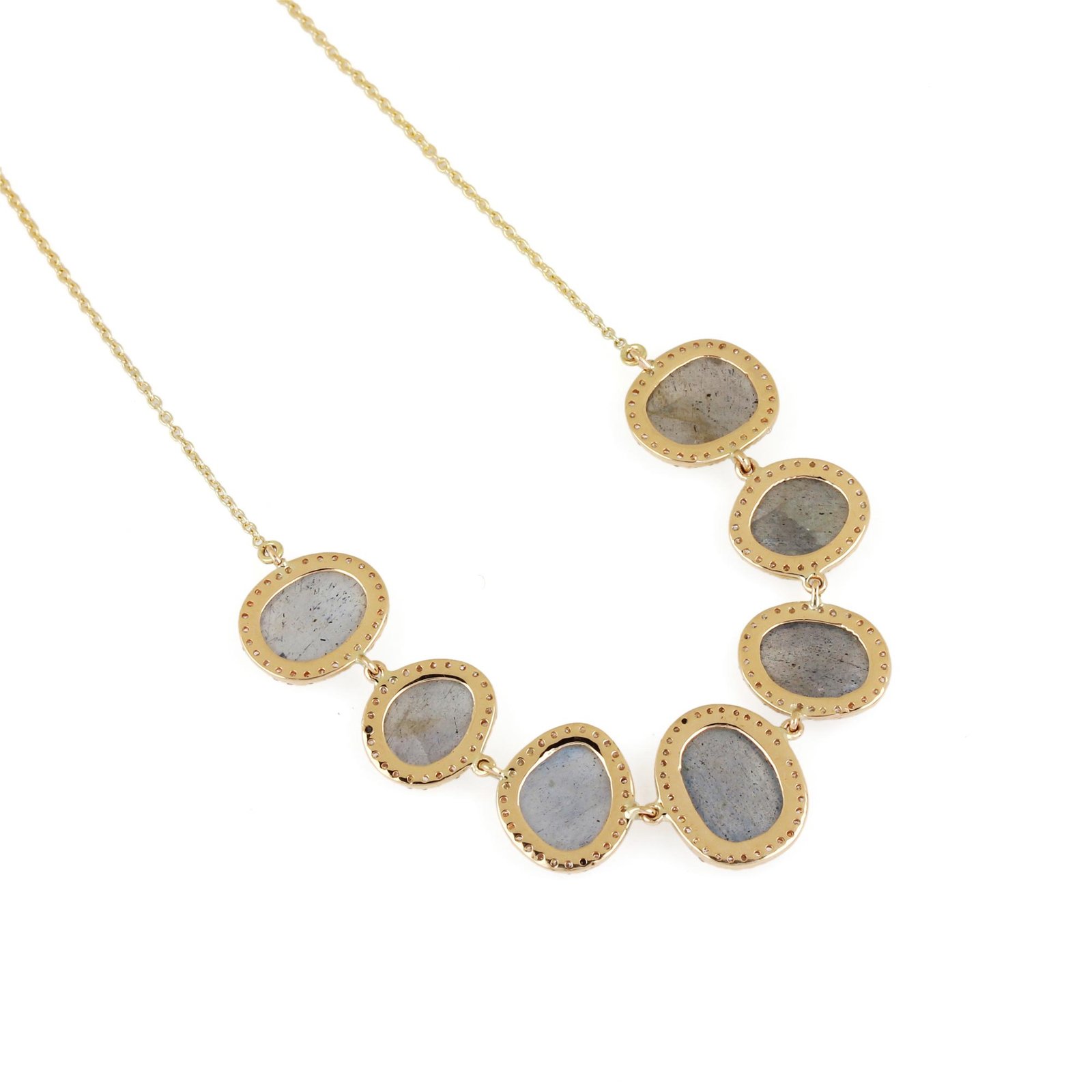 Labradorite Pendant Chain Necklace Pave Diamond 14K Solid Gold Jewelry