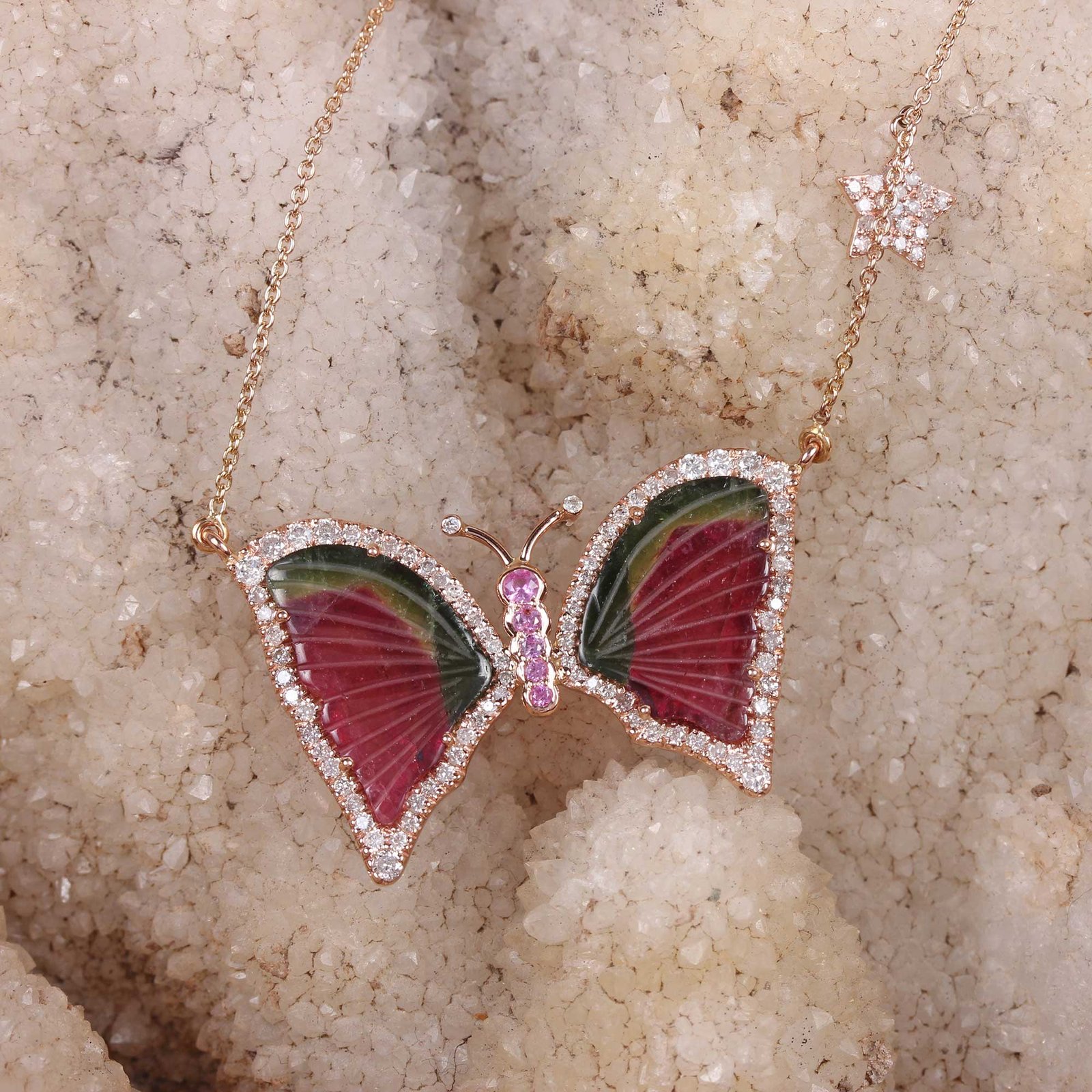 Pave Diamond 14K Solid Gold Butterfly Pendant Necklace Pink Sapphire Jewelry