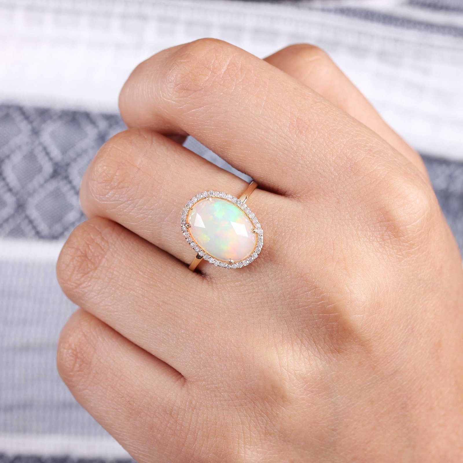 Opal Gemstone Pave Diamond 14K Solid Gold Ring