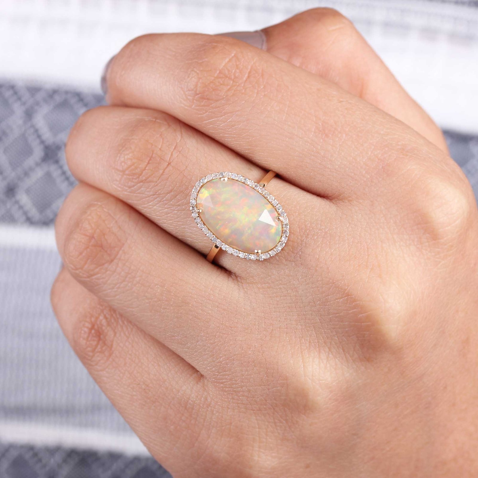 Gemstone Opal Pave Diamond Solid 14K Gold Ring Jewelry