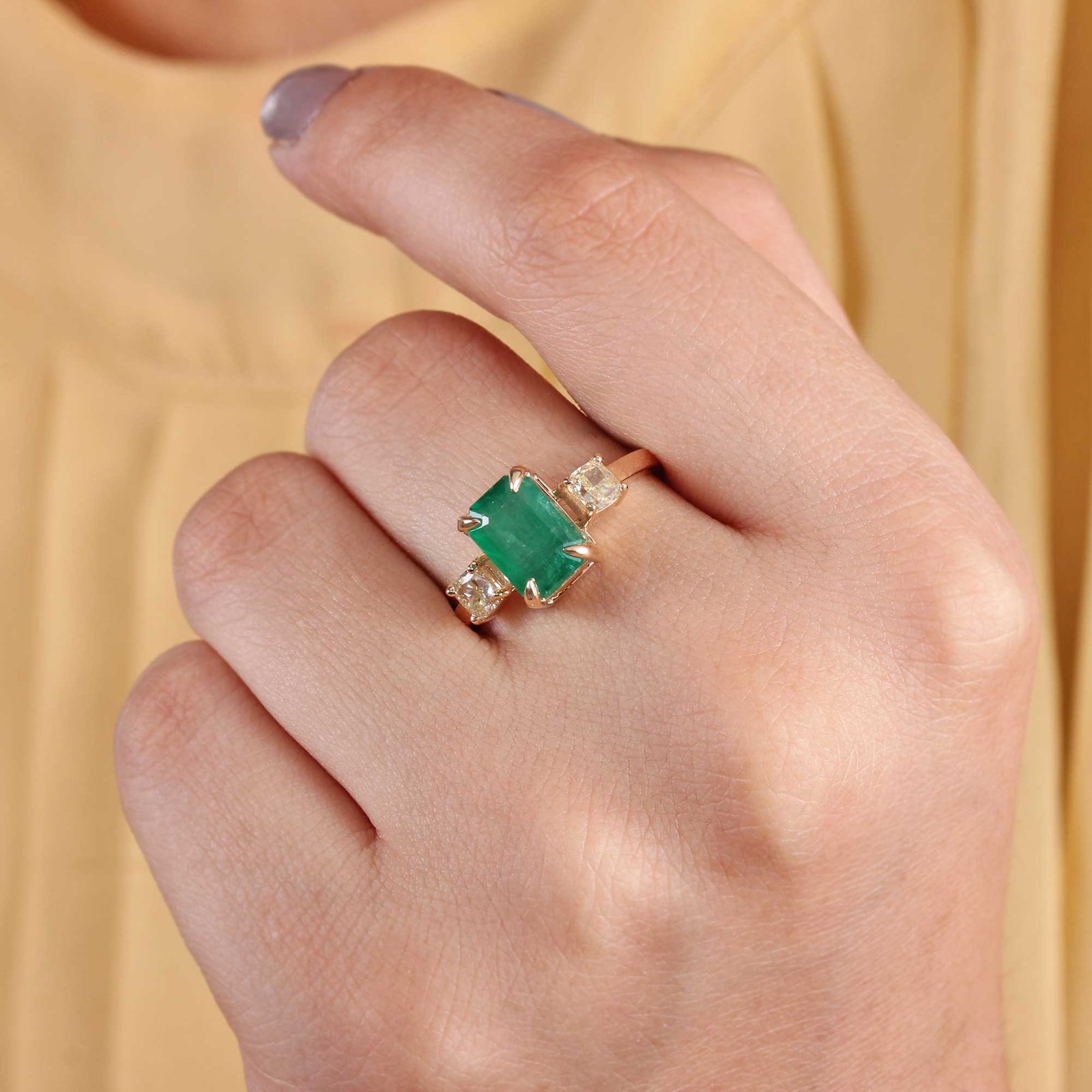Natural Emerald Diamond 14K Solid Gold Ring Jewelry