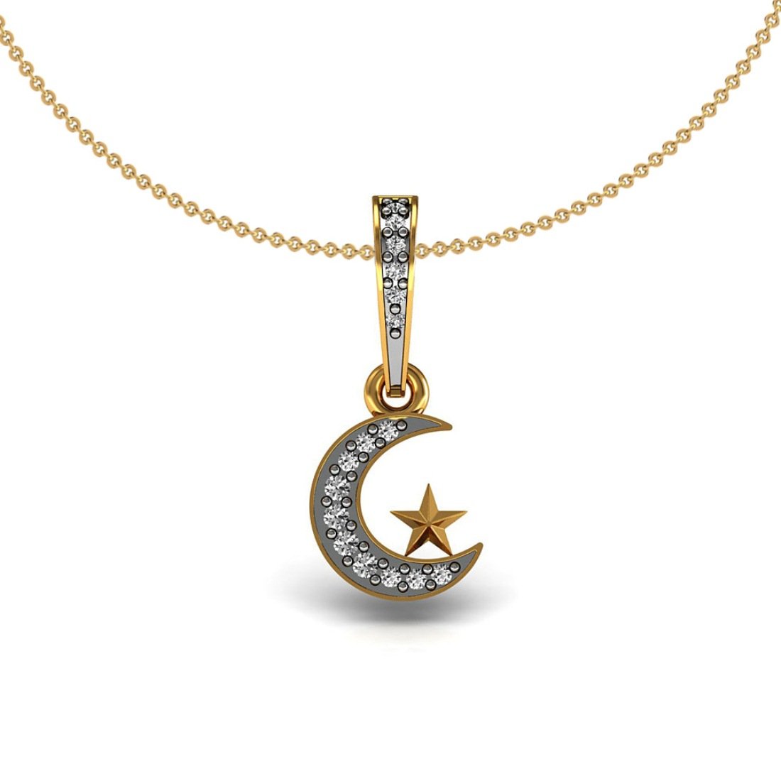 Crescent star moon kids pendant, 18k gold diamond jewelry
