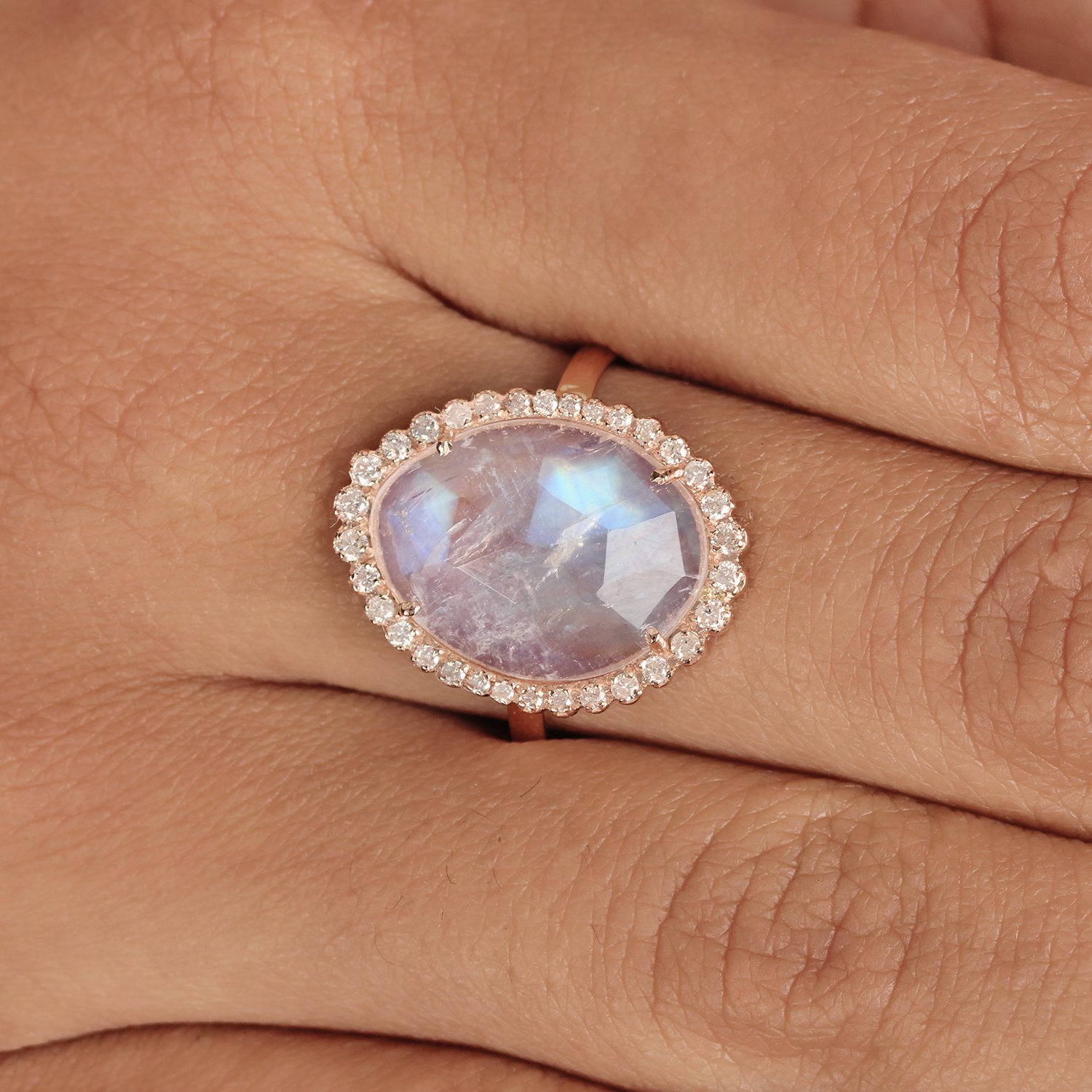 14K Solid Gold Rainbow Moonstone Cocktail Ring Natural Diamond Jewelry
